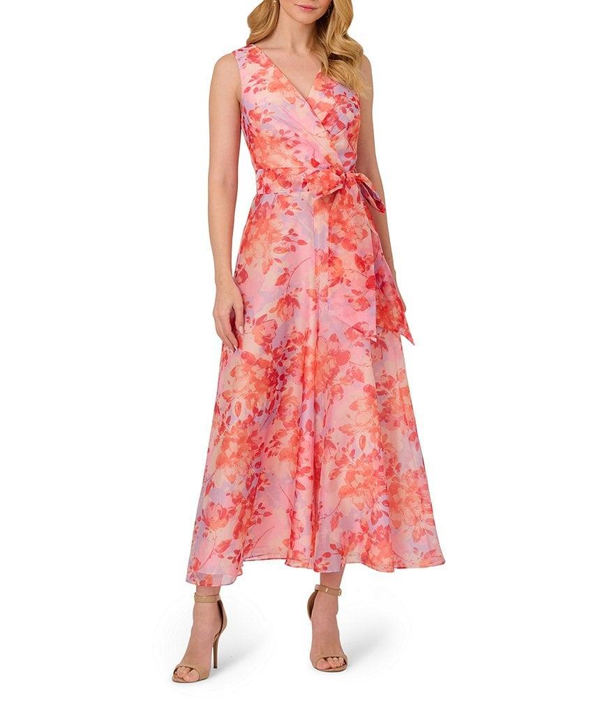 Adrianna Papell V-neck Sleeveless Tie Waist Floral Organza Jumpsuit Product Image