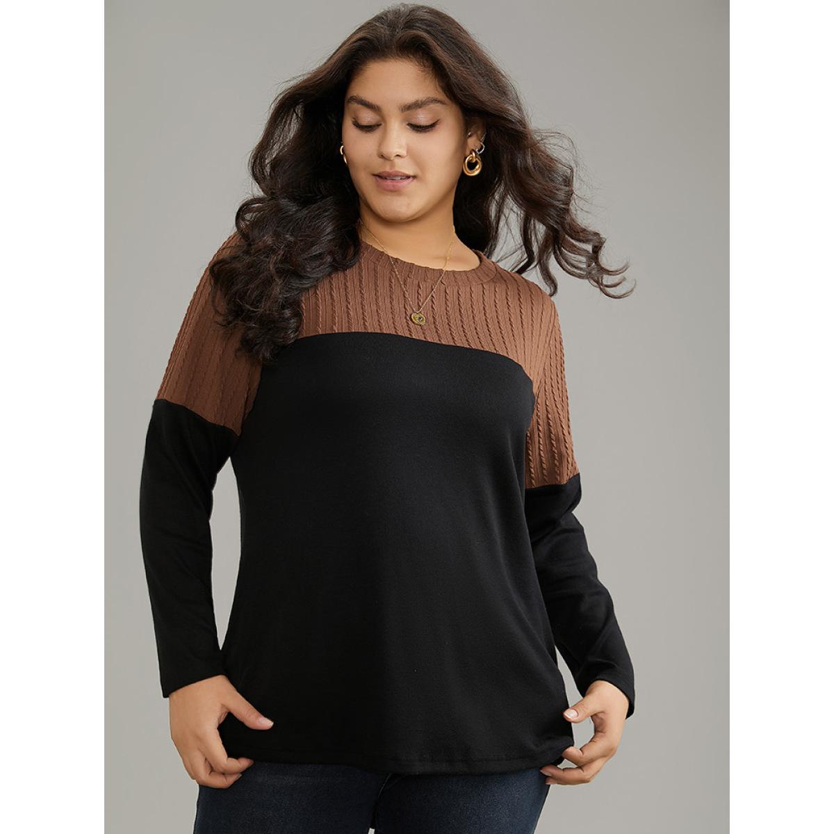 Plus Size Textured Patchwork Contrast Crew Neck Knit T-shirt Black Women Casual Texture Plain Round Neck Dailywear T-shirts BloomChic 26/4X Product Image