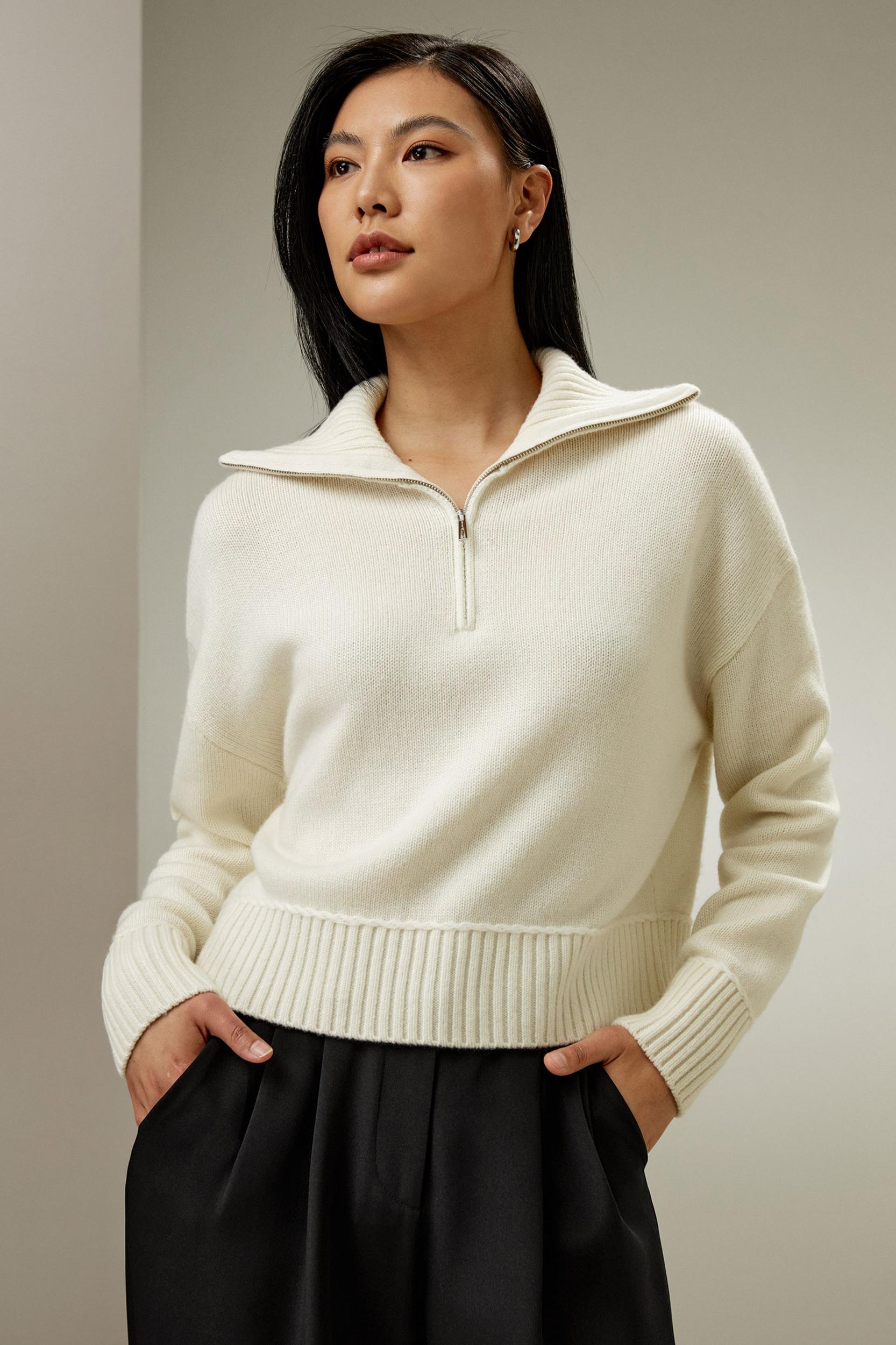 LILYSILK Quarter Zip Cashmere - for Women - White Golden Ratio Cashmere Wool Blend - Versatile Ribbed Tops S Product Image