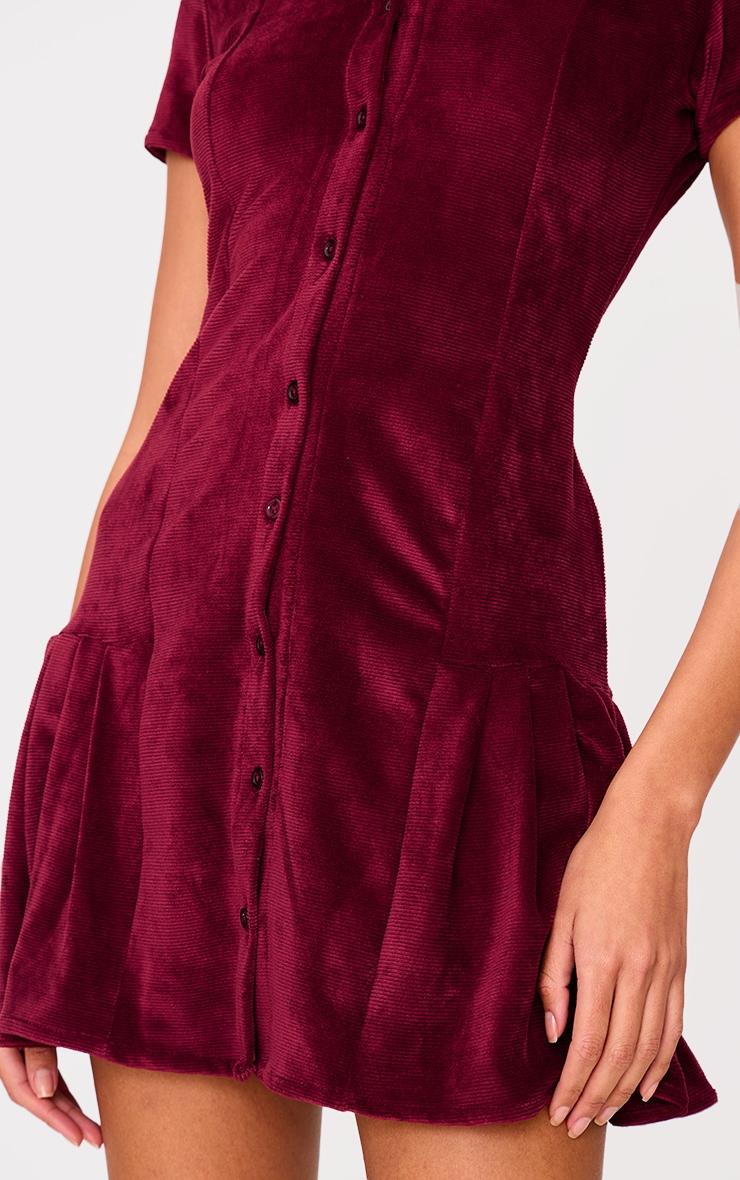Burgundy Cord Button Down Cap Sleeve Pleated Hem Shift Dress Product Image