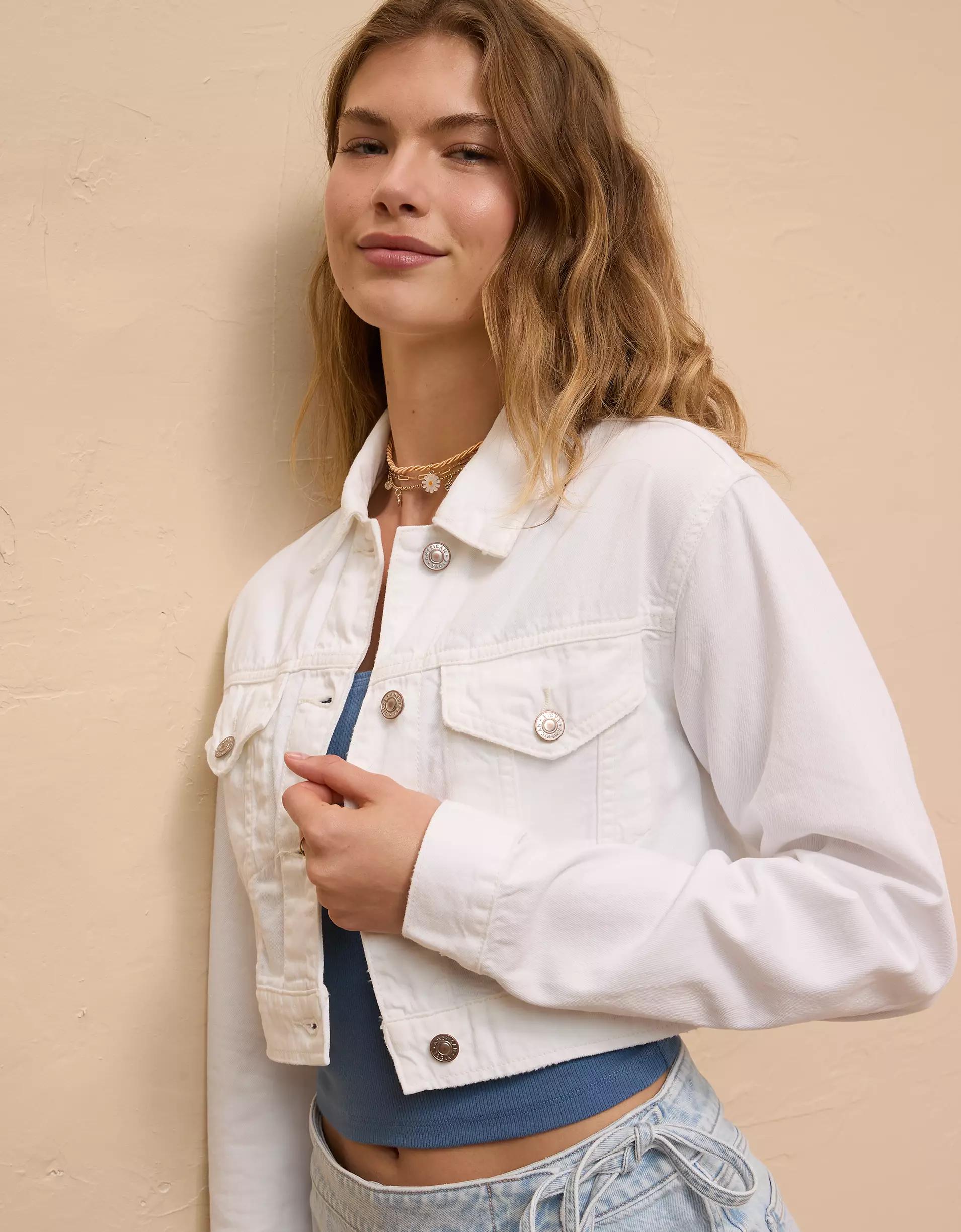 AE Dreamy Drape Super Cropped Denim Jacket Product Image