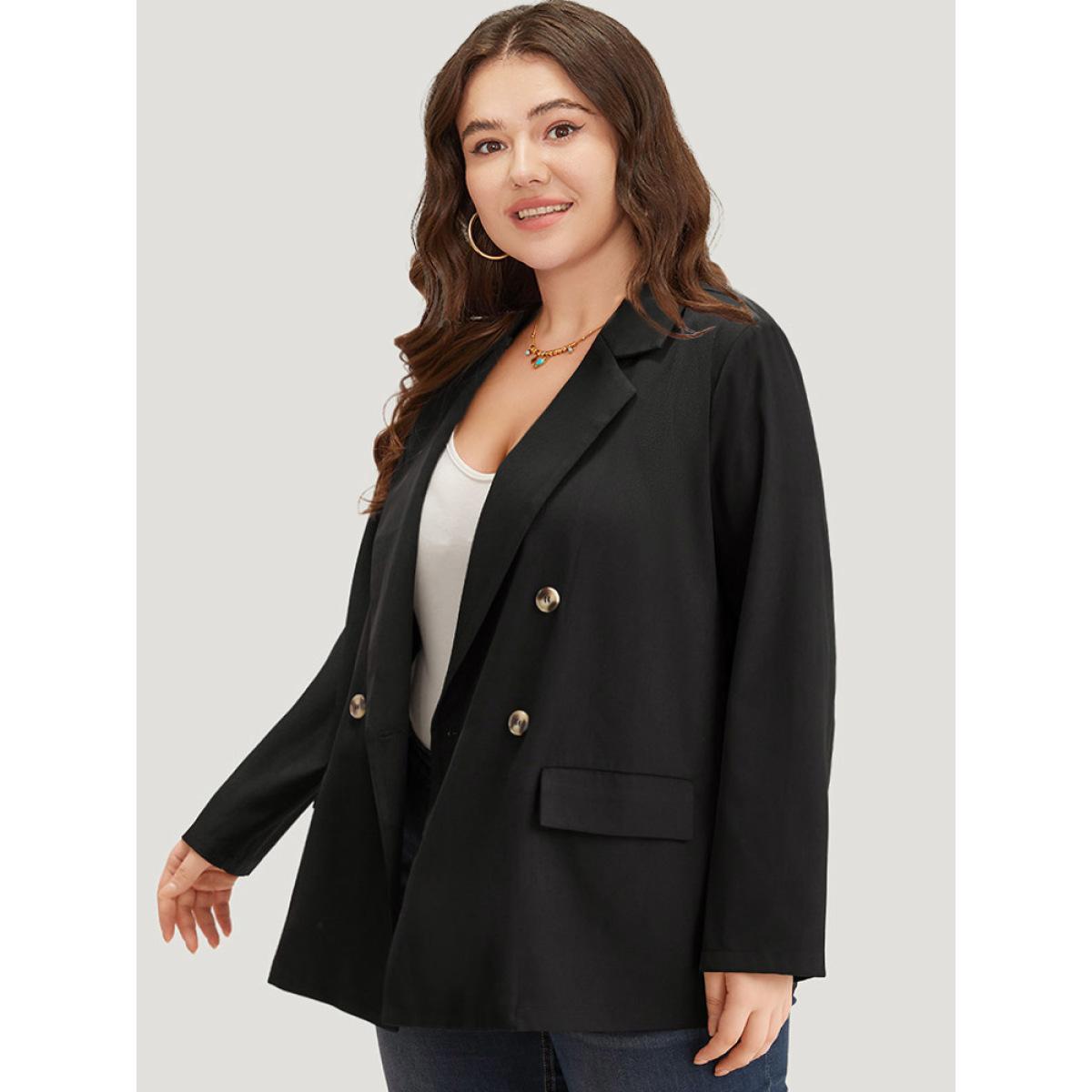 Plus Size Plain Suit Collar Pocket Double Breasted Blazer Black Women Office Plain Plain Sleeve Long Sleeve Suit Collar 10/M Pocket Workwear Essentials Blazers BloomChic Product Image