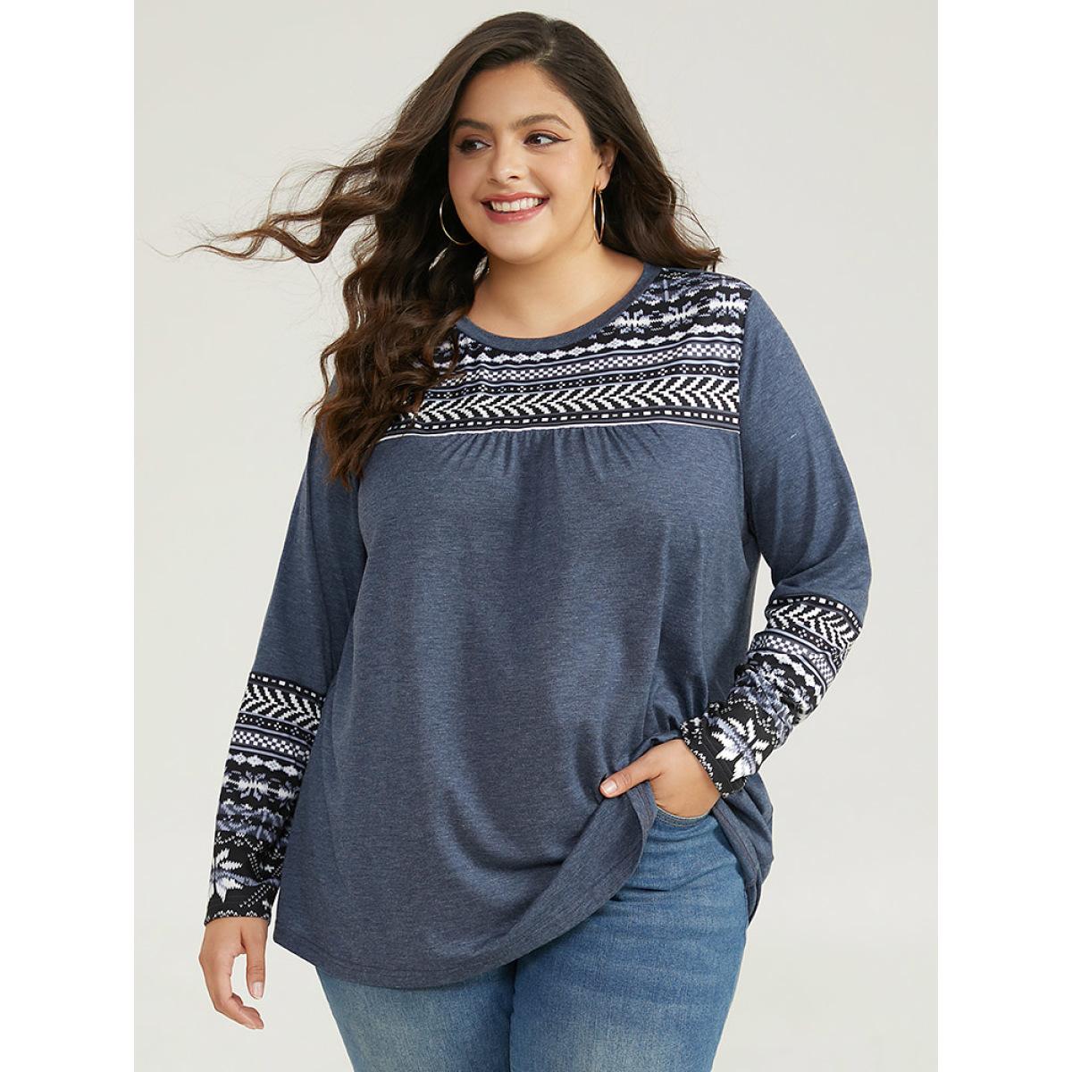 Plus Size Boho Print Round Neck Gathered T-shirt Blue Women Casual Patchwork Bohemian Print Round Neck Dailywear T-shirts BloomChic 30/6X Product Image