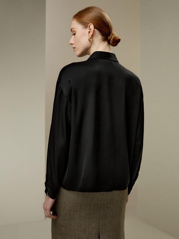 Pleated Shirt-Collar Silk Blouse Product Image