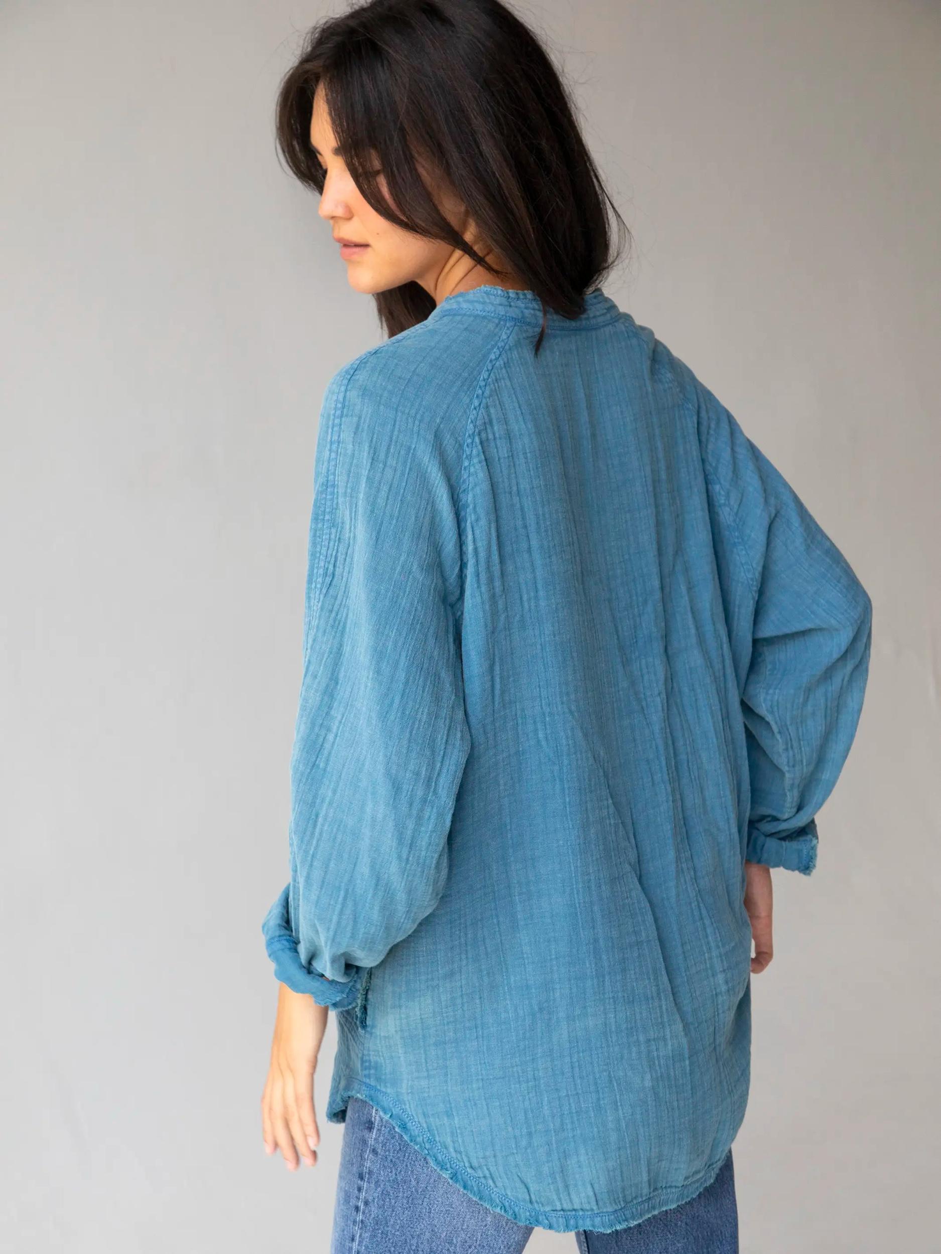 Laid Back Cotton Button Down Top - Blue Product Image
