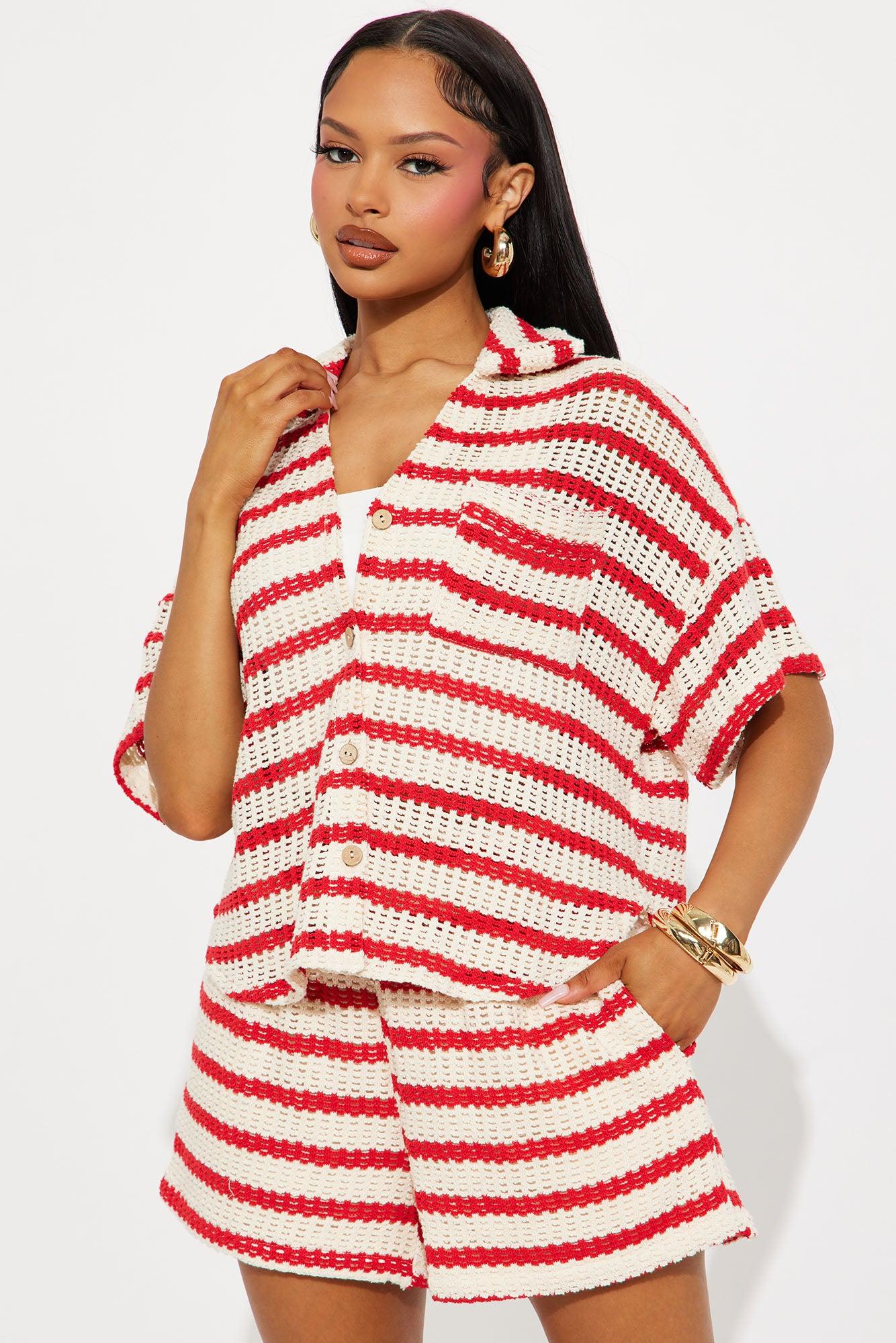 Savannah Stripe Crochet Short Set  - Red/combo Product Image