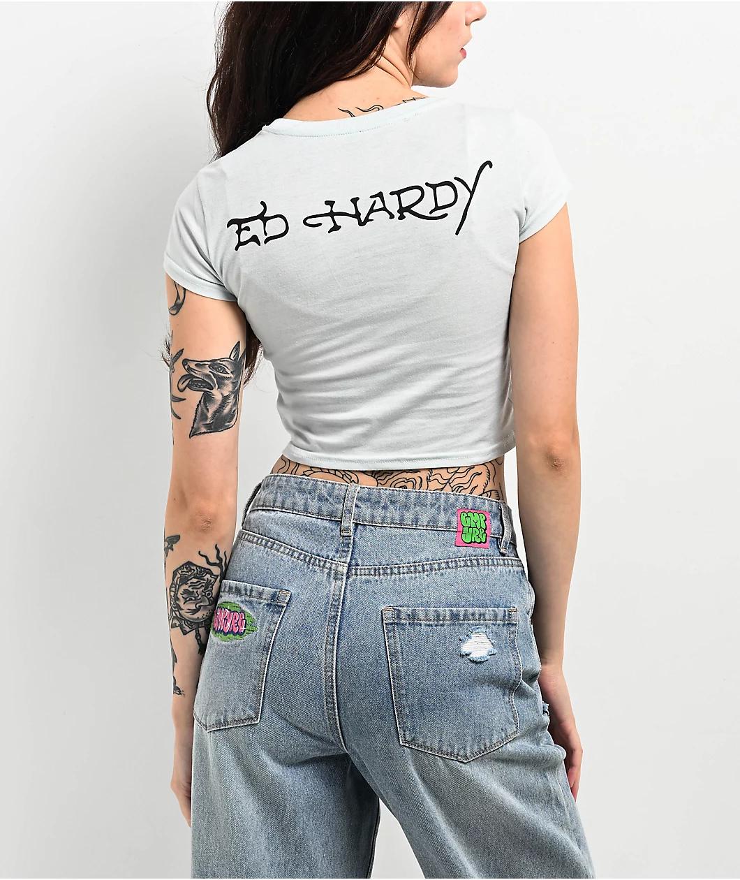Ed Hardy Twice Shy Rhinestone Arctic Blue Crop T-Shirt Product Image