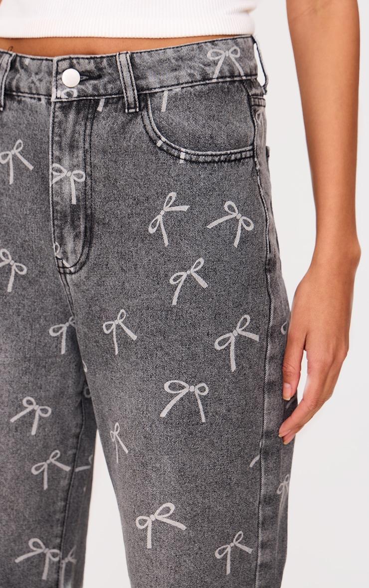 Washed Grey Bow Laser Print Straight Leg Jeans Product Image