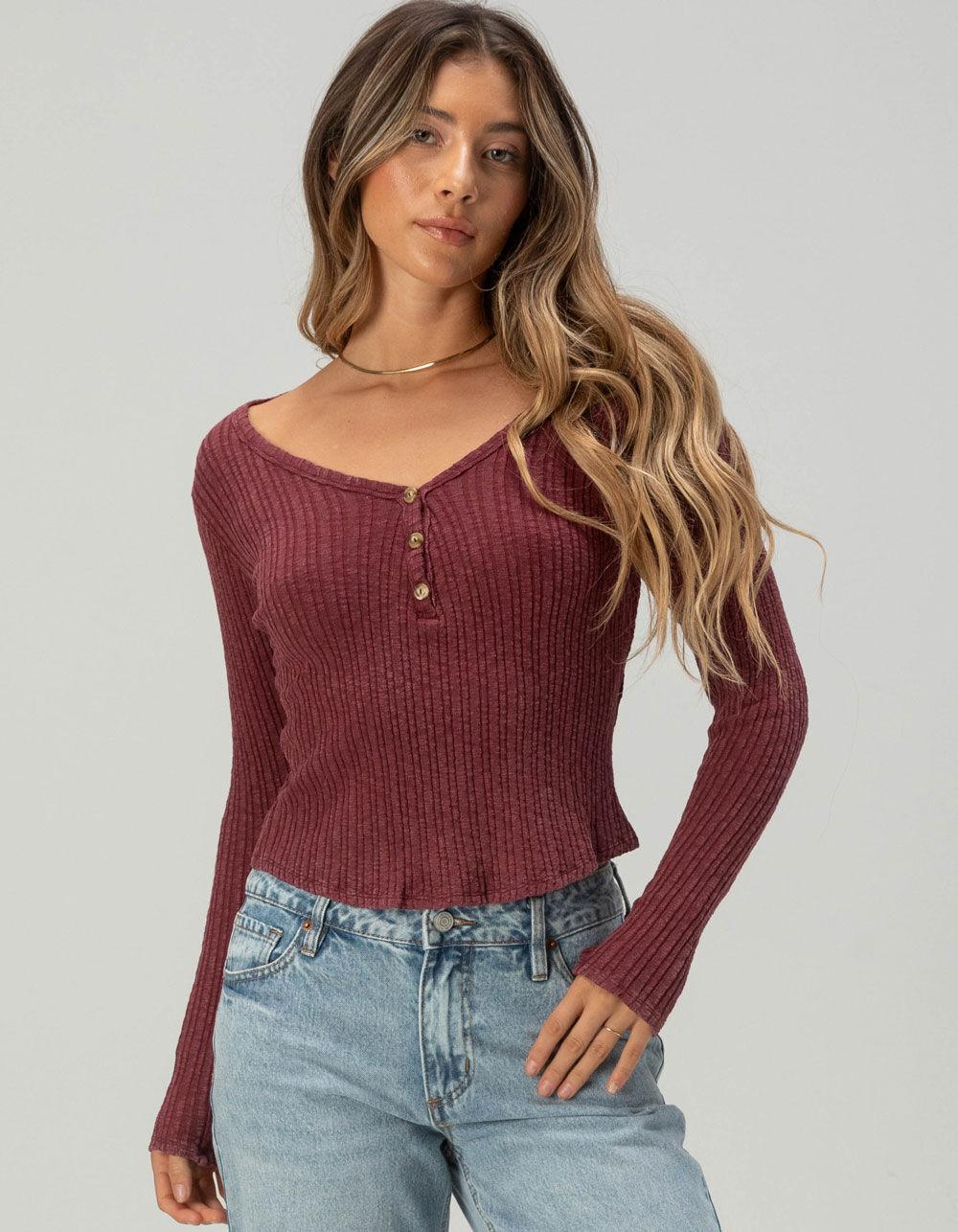 FULL TILT Womens Rib Long Sleeve Henley Top - BURGUNDY Product Image