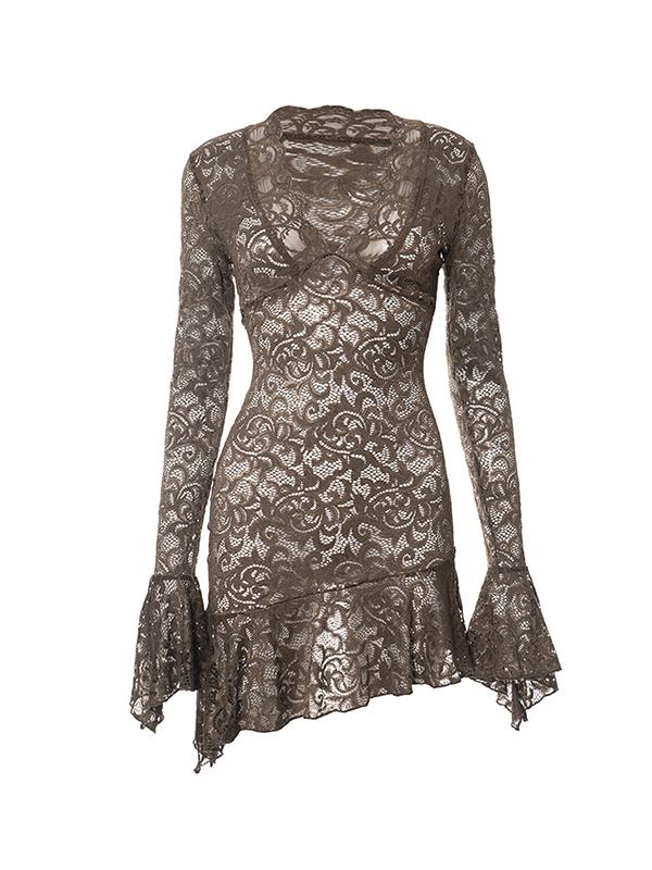 Lace V Neck Trumpet Sleeve Mini Dress Product Image