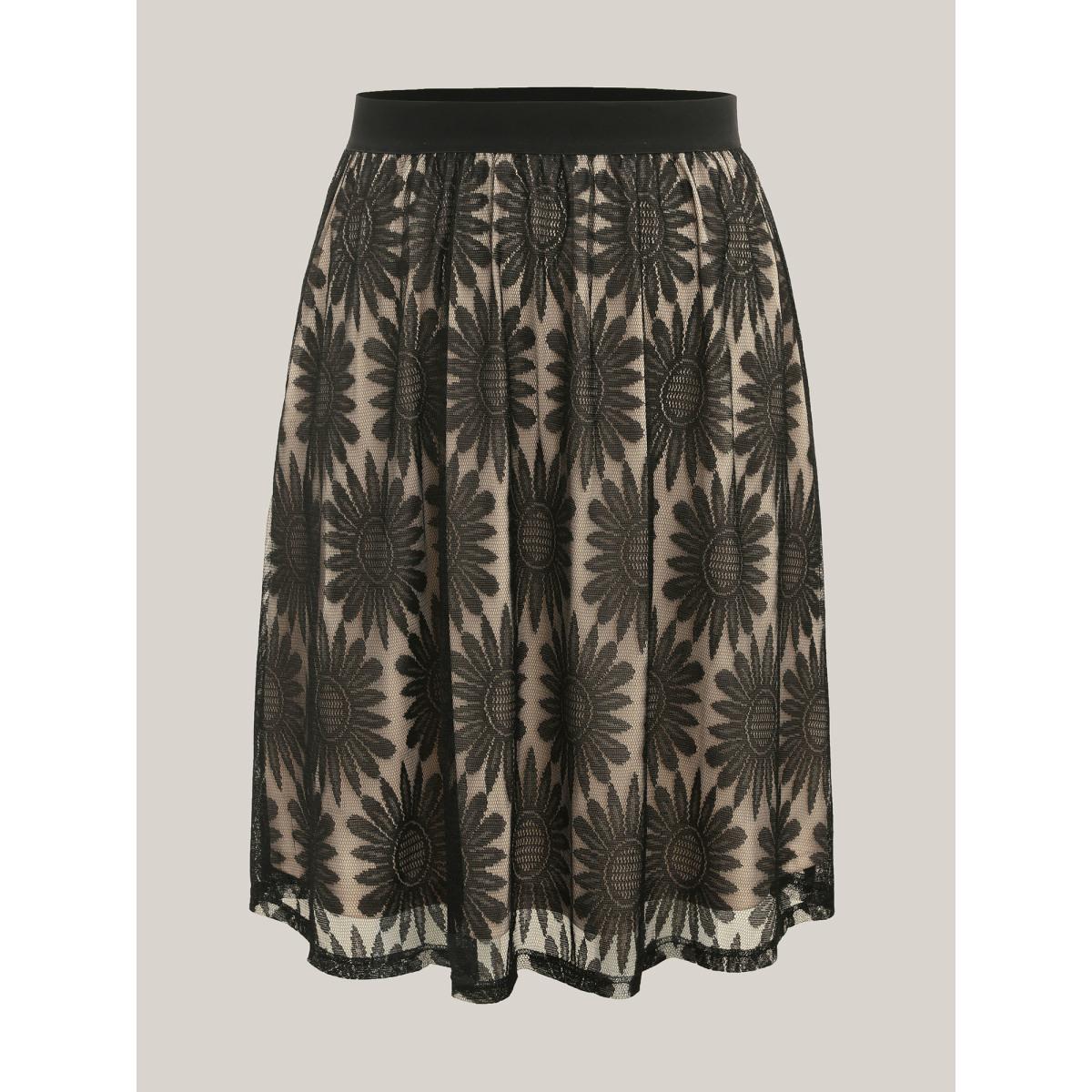 Plus Size Geometric Print Lace Midi Skirt Women Black Elegant See through Bodycon Low stretch Slanted pocket Everyday-Elegant Skirts BloomChic 14-16/1X Product Image