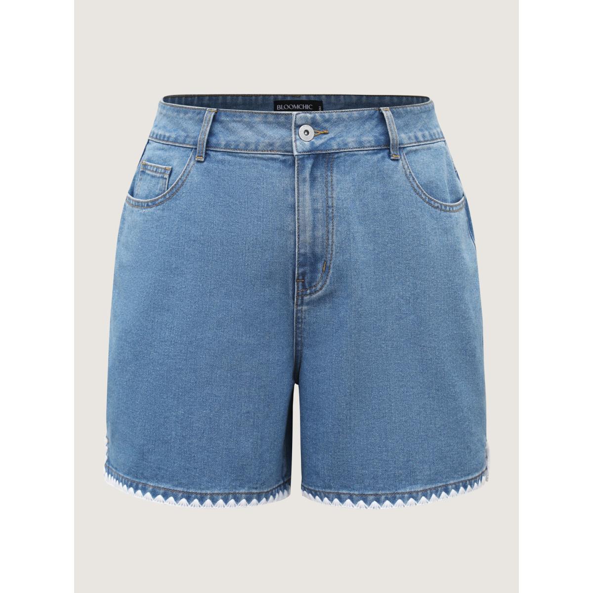Plus Size Embroidered Hem Wide-Leg Denim Shorts Women Midblue No stretch Vacation Slanted pocket Leisure Denim Shorts BloomChic 14/1X Product Image
