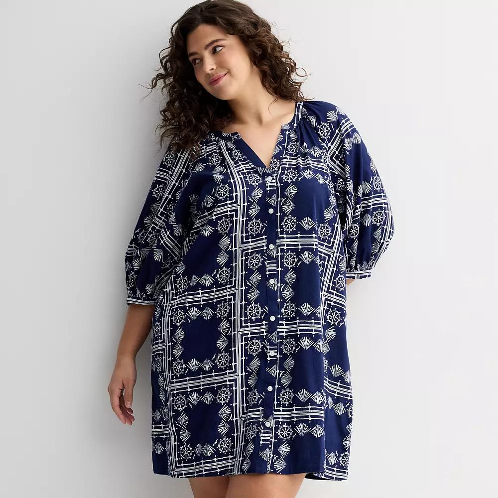 Plus Size Sonoma Goods For Life® Button Front Elbow Sleeve Shift Dress, Women's, Size: 0X, Blue Nautical Print Product Image