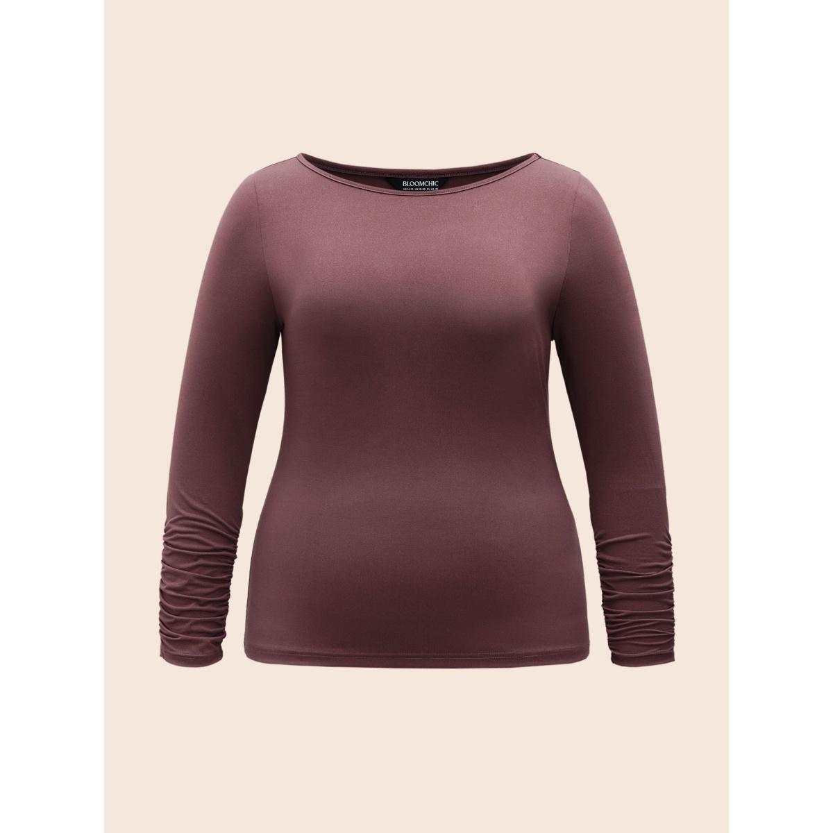 Plus Size Solid Boat Neck Gathered T-shirt DustyPink Women Elegant Gathered Boat Neck Bodycon Everyday T-shirts BloomChic 10/M Product Image