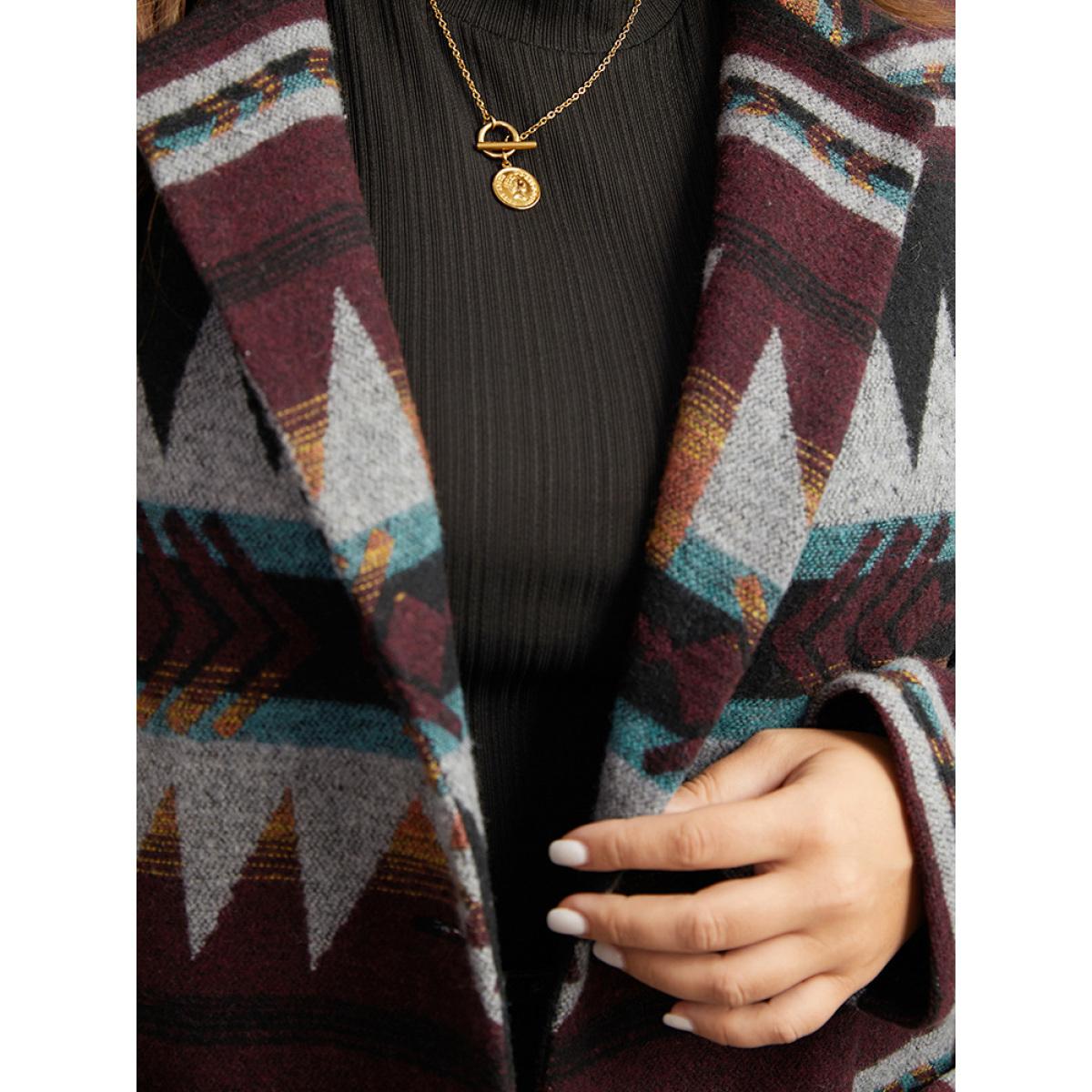 Plus Size Geometric Button Up Lapel Collar Coat Women DarkBrown Casual Printed Ladies Dailywear Winter Coats BloomChic 10/M Product Image