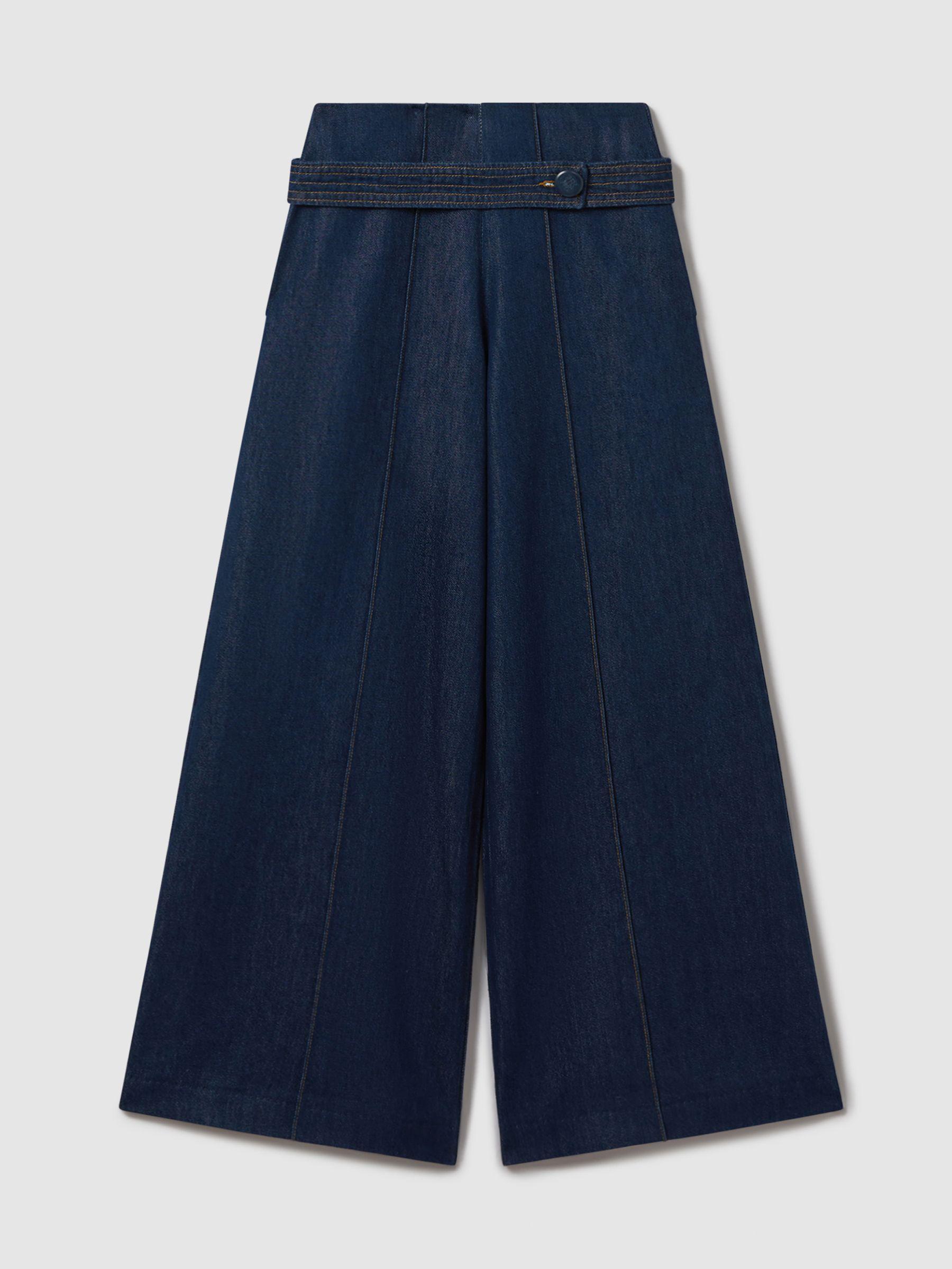Belted Wide Leg Jeans in Dark Blue Product Image