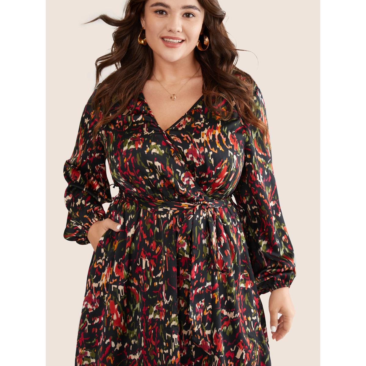 Plus Size Boho Print Wrap Pocket Lantern Sleeve Dress Black Women Elegant Elastic cuffs V-neck Long Sleeve Curvy Midi Dress BloomChic 22-24/3X Product Image
