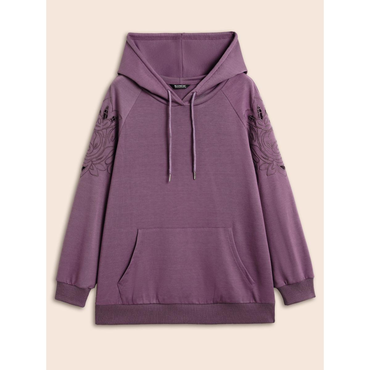Plus Size Floral Embroidered Cut Out Hooded Sweatshirt Women Mauve Casual Cut-Out Hooded Everyday Sweatshirts BloomChic 10/M Product Image