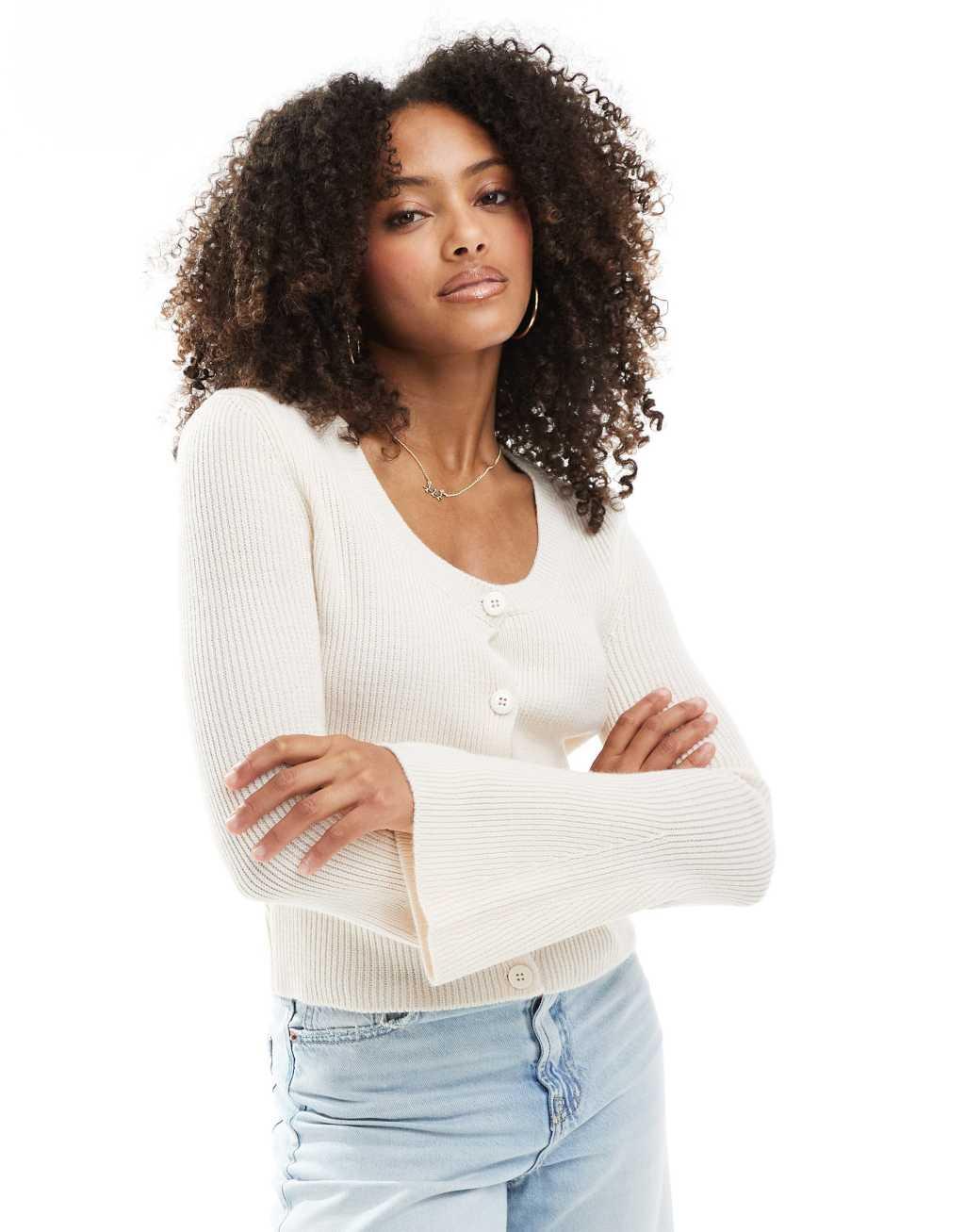 Miss Selfridge scoop neck rib knit cardigan in cream Product Image