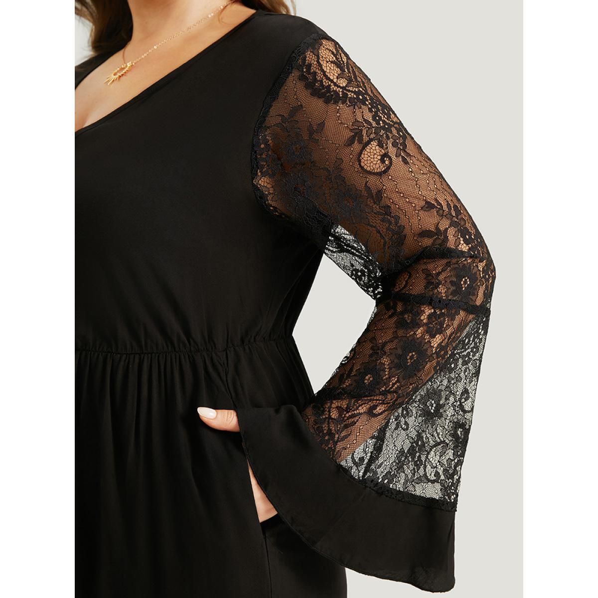 Plus Size Black Halloween Plain Mesh Eyelet Lace Pocket Jumpsuit Women Elegant Long Sleeve V-neck Festival-Halloween Loose Jumpsuits BloomChic 10/M Product Image