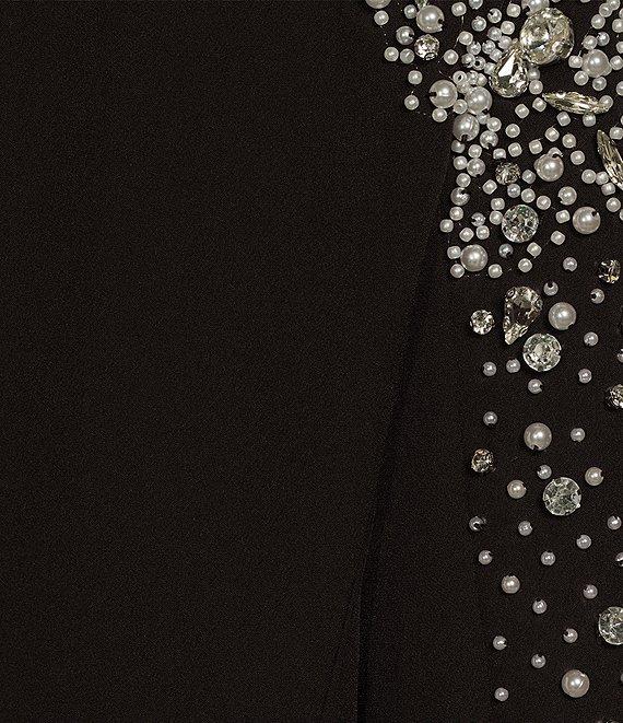 Muse by Marchesa Moonflower Crepe Jeweled Beaded Pearl Notch Lapel Long Sleeve Button Front Cropped Coordinating Blazer Product Image