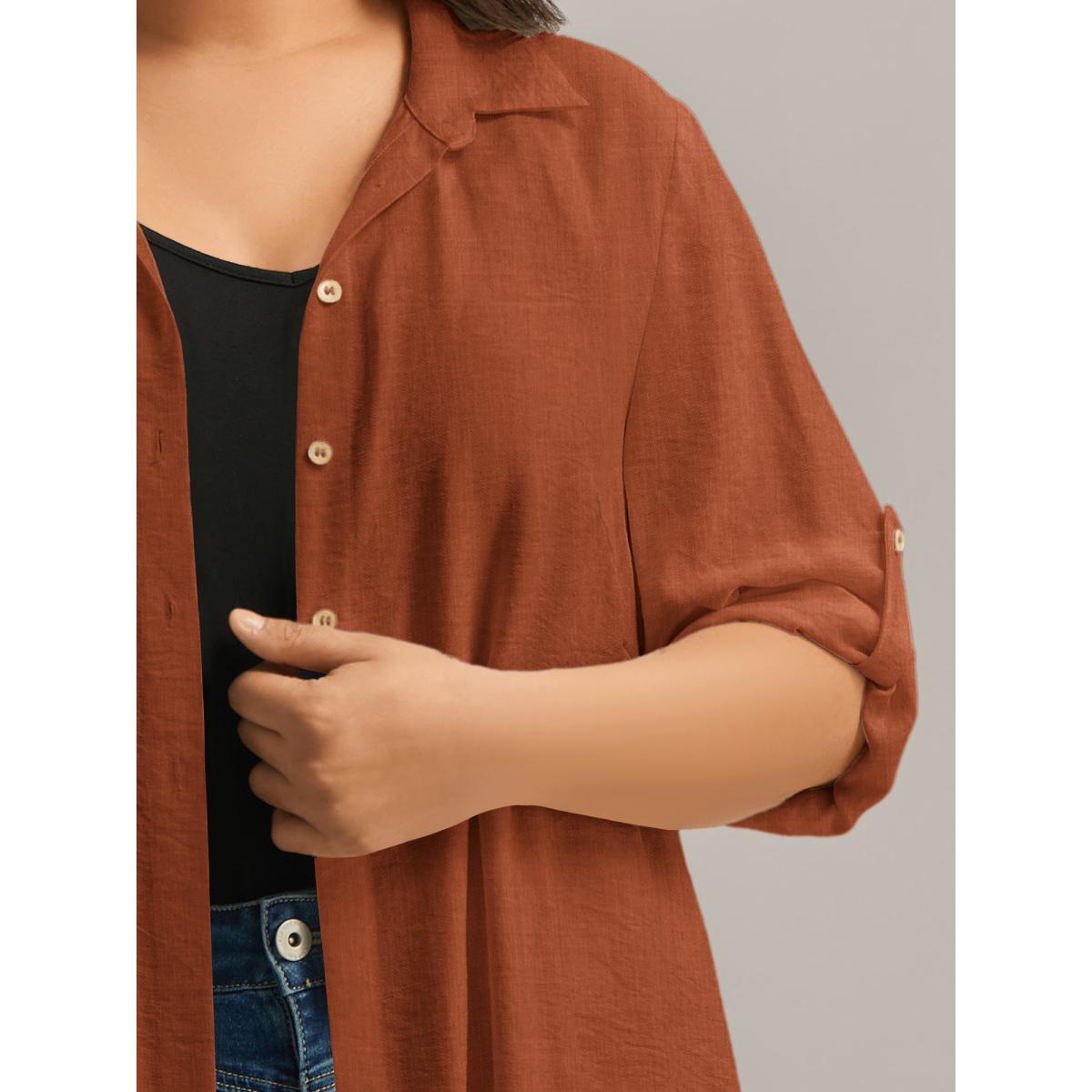 Plus Size Browncoffeecolor Front-Open Long Basic Blouse Women Leisure Long Sleeve Shirt collar Vacation Blouses BloomChic 14-16/1X Product Image