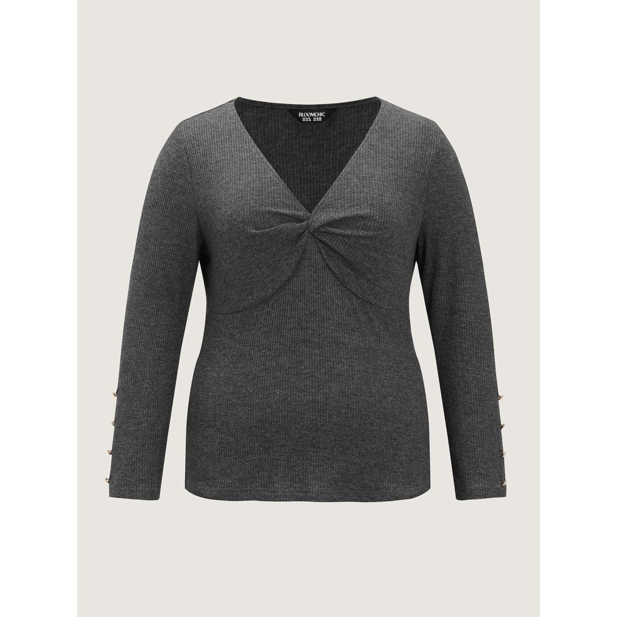 Plus Size Stretchy Cross Neck Cutout Ribbed Knit Top DimGray Women Timeless Twist V-neck Bodycon Elegant T-shirts BloomChic 28/5X Product Image