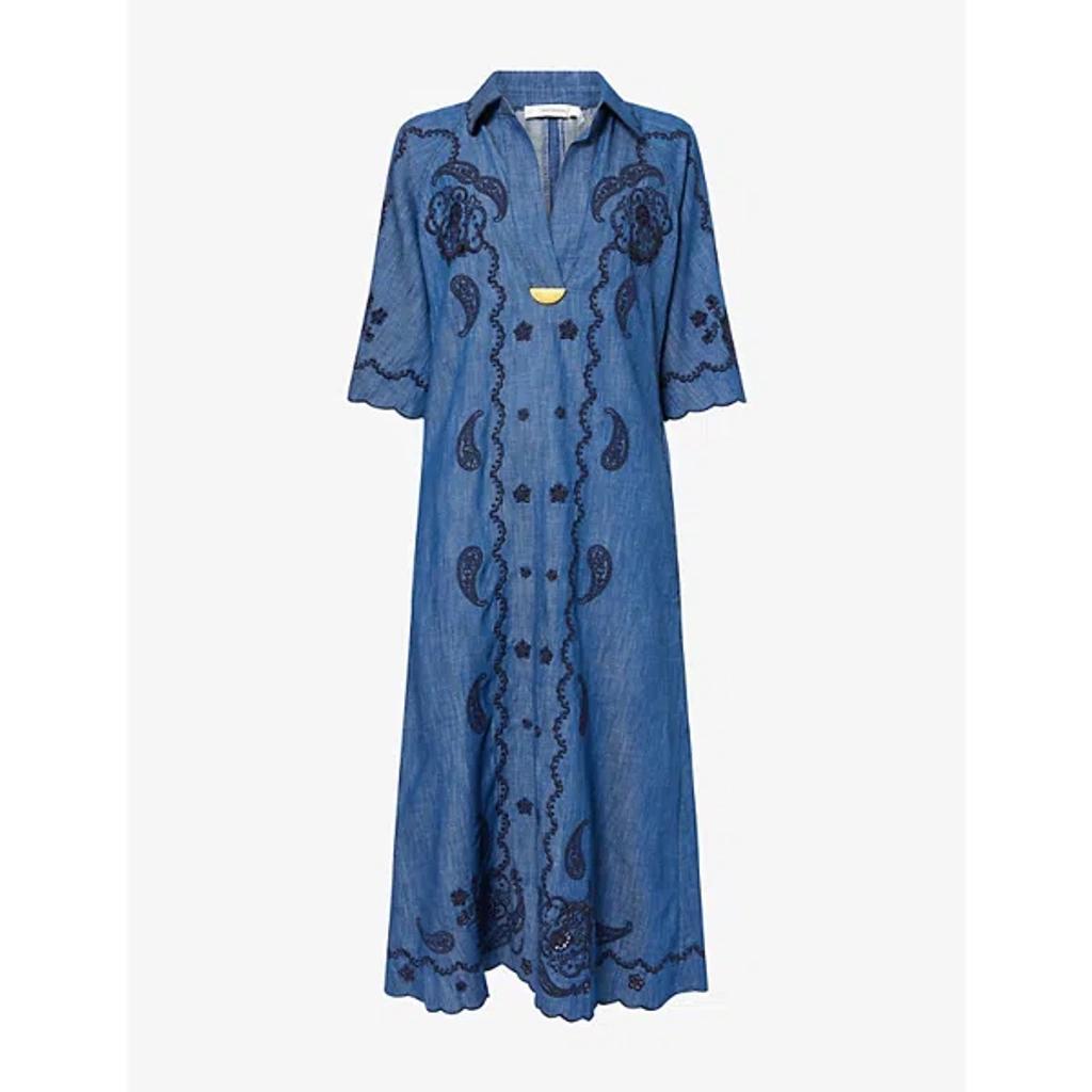 ZIMMERMANN Womens Railway Blue Aster Embroidered Denim Midi Dress Xs Product Image