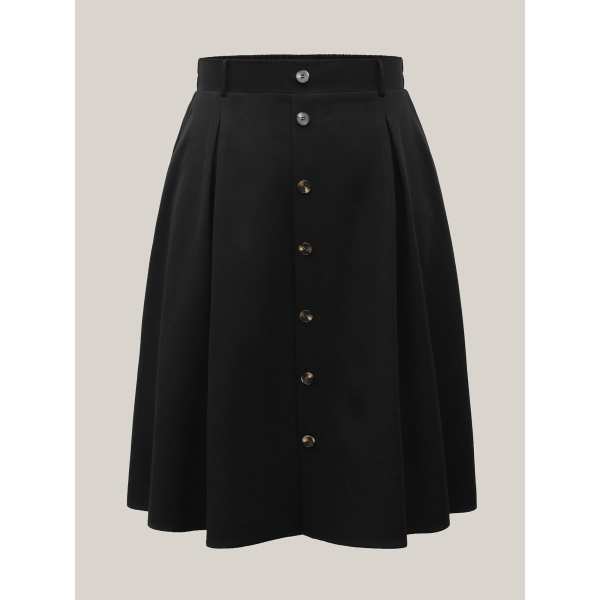 Plus Size Buckled Button Front Pleated Midi Skirt Women Black At the Office Pleated Low stretch Slanted pocket Work Skirts BloomChic 14-16/1X Product Image