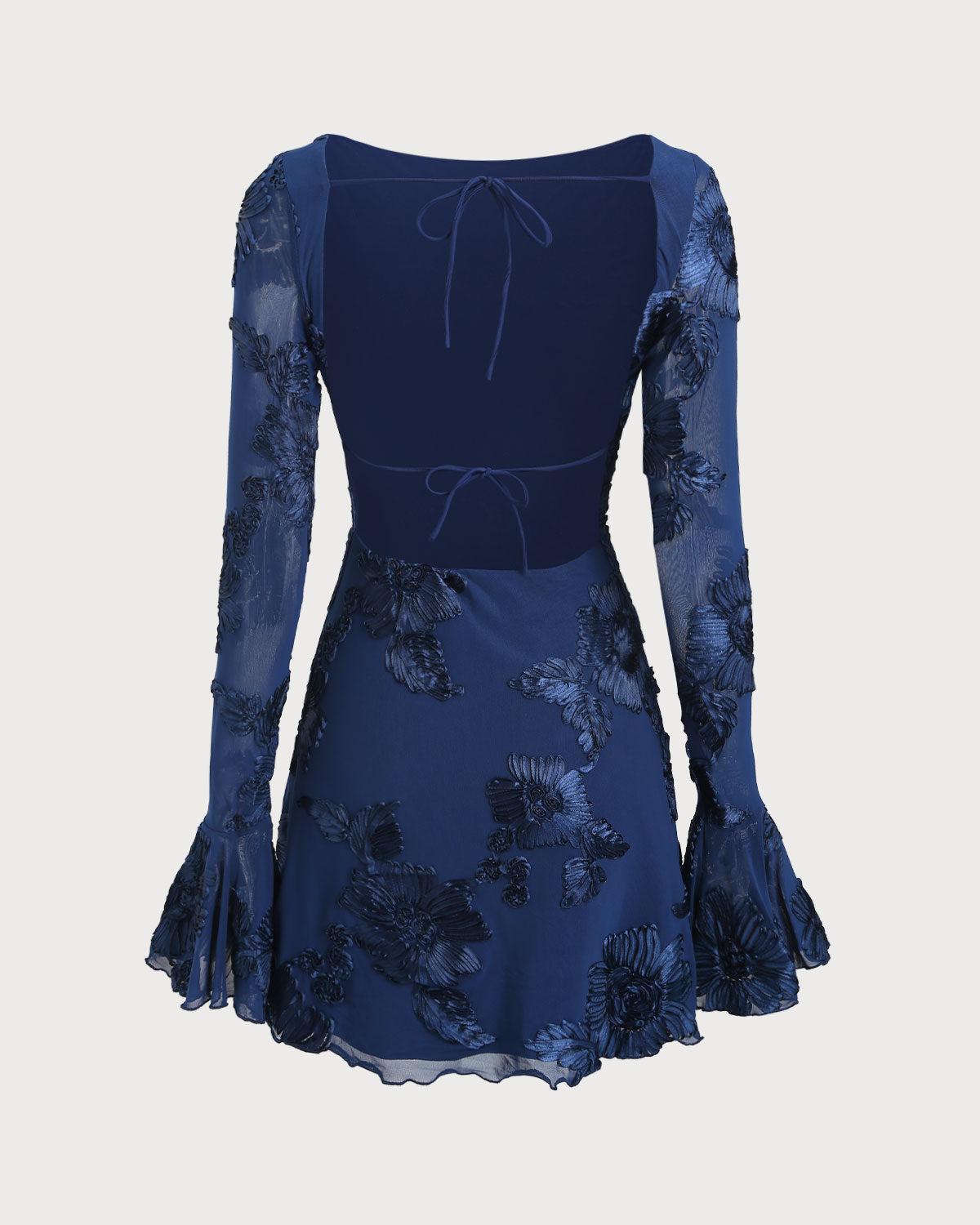 Blue Jacquard Bell Sleeve Backless Mini Dress Product Image
