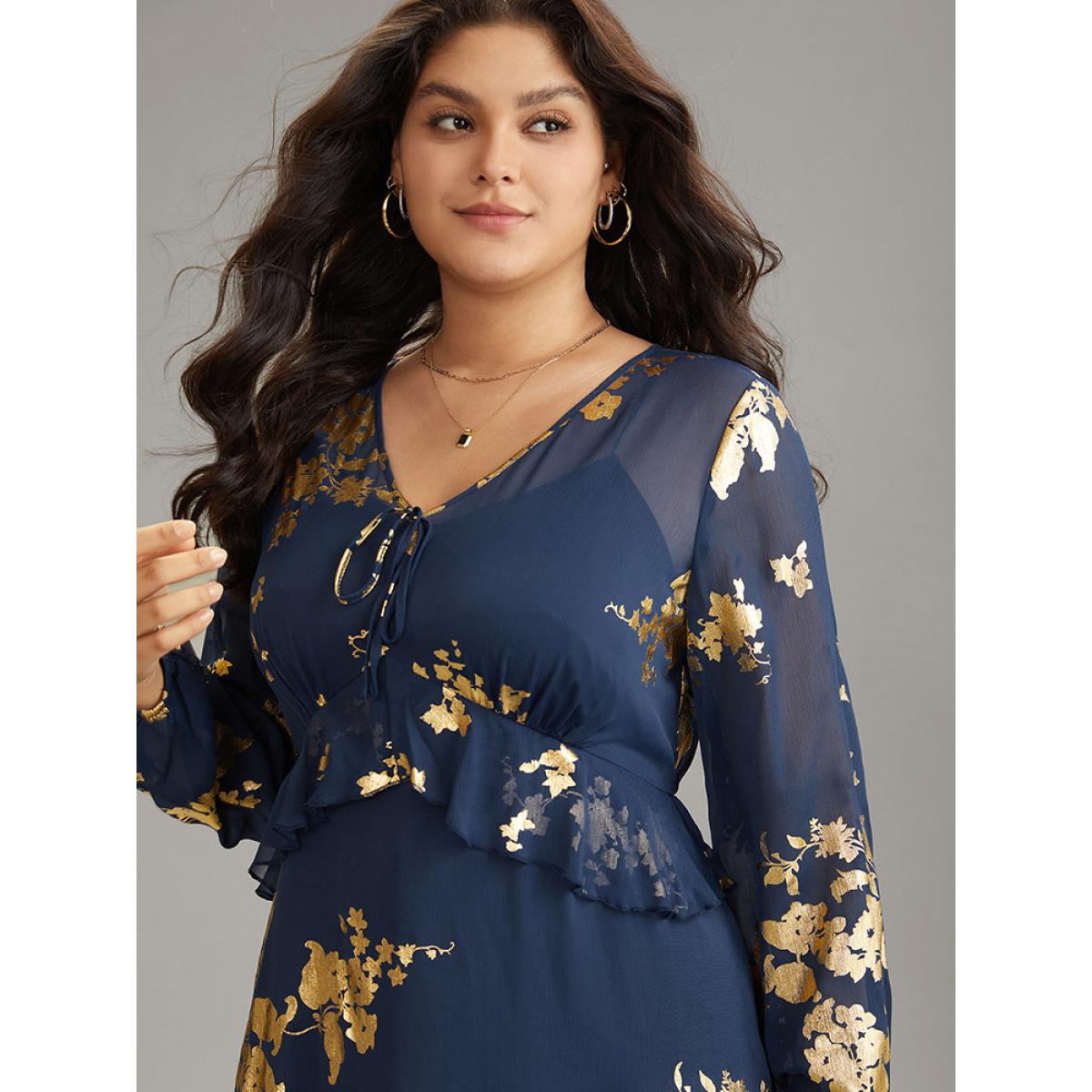 Plus Size Silhouette Floral Print Ruffles Ties Mesh Gathered Dress Navy Women Elegant Elastic cuffs Tie Neck Long Sleeve Curvy Midi Dress BloomChic 28/5X Product Image