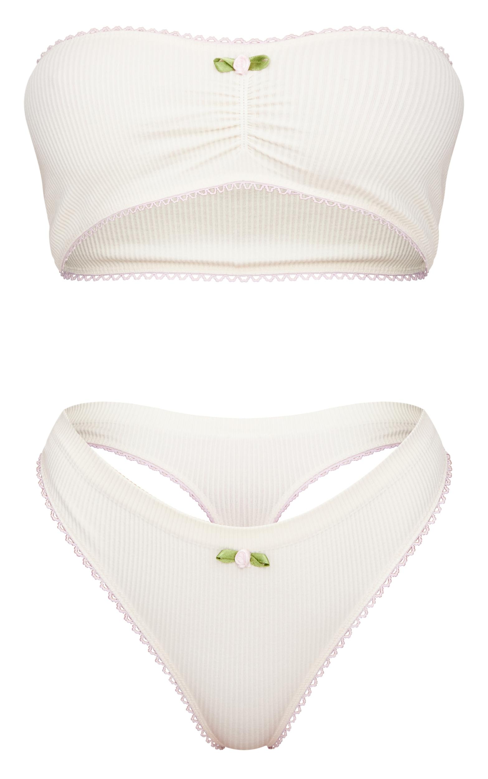 Cream Ribbed Bandeau Bra And Thong Lingerie Set Product Image