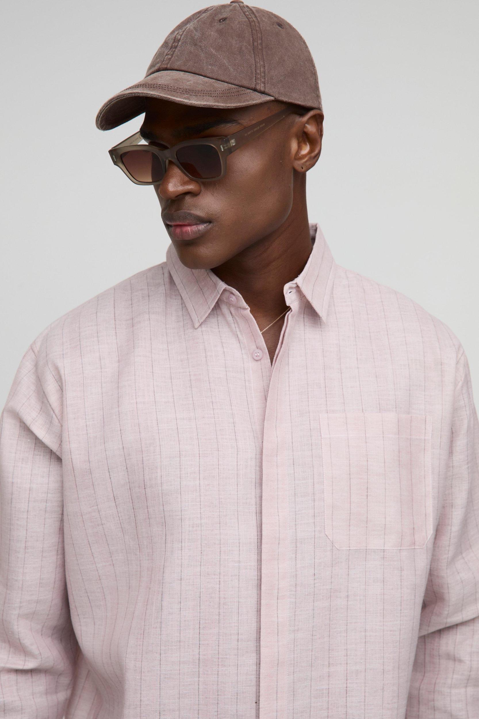 Oversized BoohooMan Linen Look Stripe Shirt | boohooMAN USA Product Image