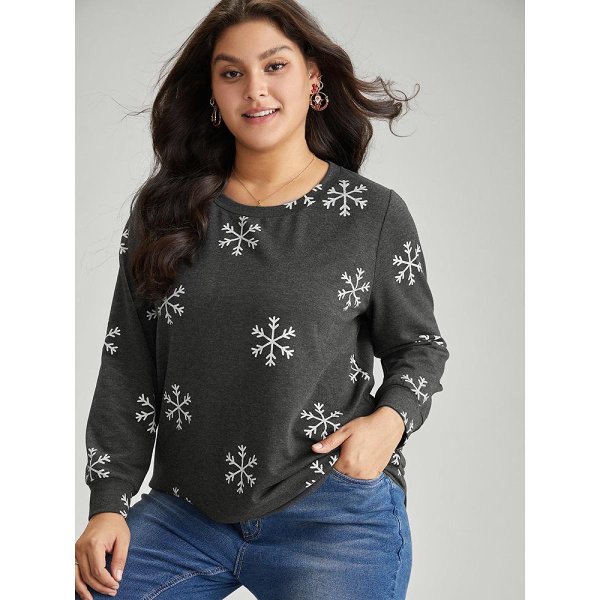 Plus Size Snowflake Print Round Neck Sweatshirt Women DimGray Casual Contrast Round Neck Festival-Christmas Sweatshirts BloomChic 28/5X Product Image