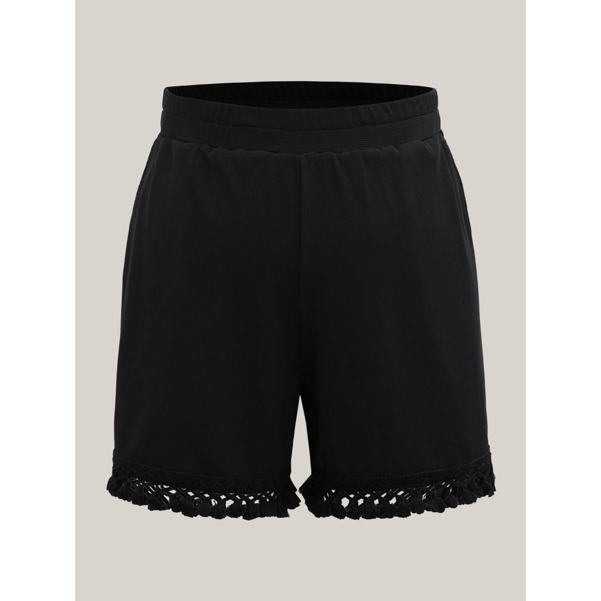 Plus Size Textured Tassel Detail Everyday Shorts Women Black Boho Tassels Loose Vacation Shorts BloomChic 26/4X Product Image