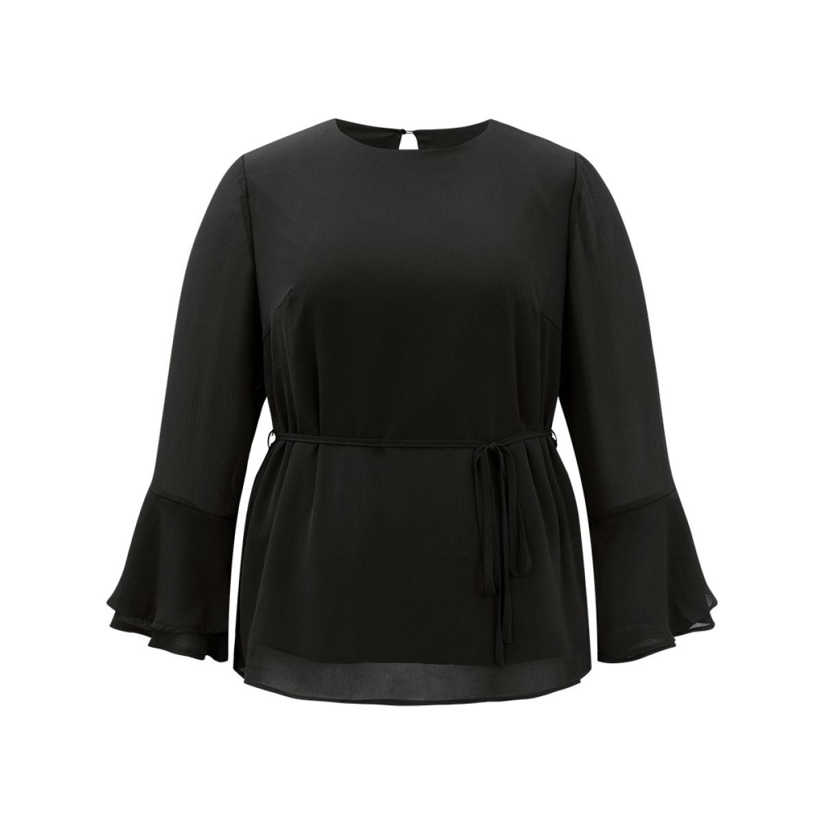 Plus Size Black Chiffon Mesh Tiered Bell Sleeve Blouse Women Office Long Sleeve Round Neck Work Blouses BloomChic 14-16/1X Product Image