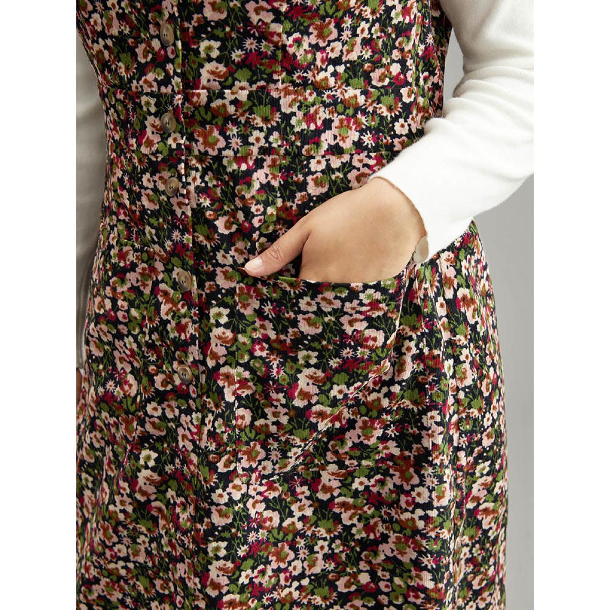 Plus Size Ditsy Floral Pocket Button Detail Tank Dress Indigo Women Elegant Printed V-neck Sleeveless Curvy Knee Dress BloomChic 14-16/1X Product Image