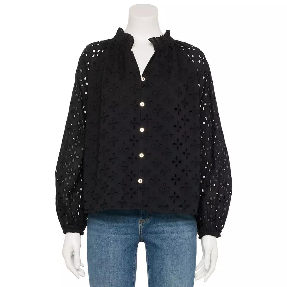 Women's Nine West Adaptive Ruffle Collar Blouse, Size: Large, Mineral Black Product Image
