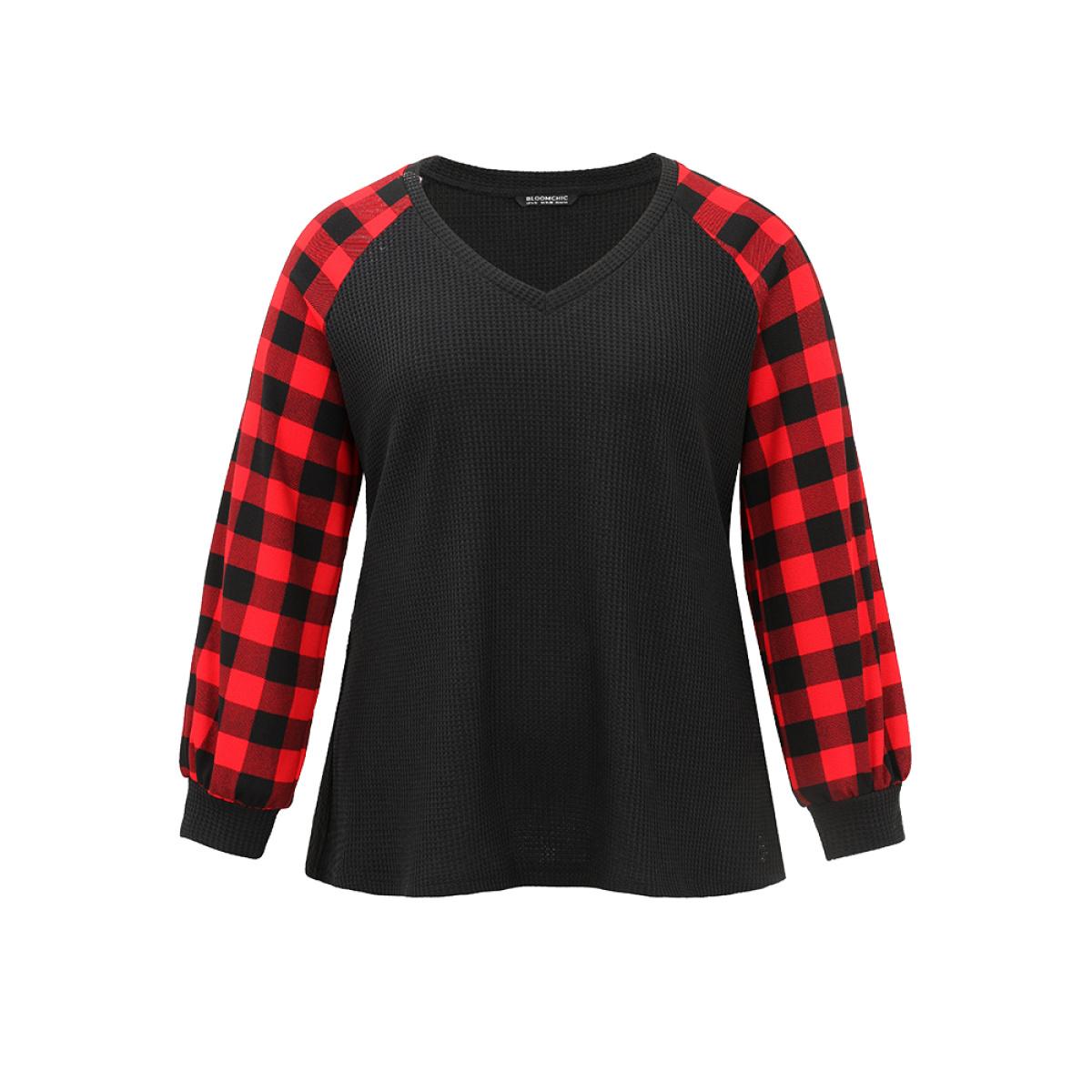 Plus Size Waffle Knit Plaid Patchwork Raglan Sleeve T-shirt Black Women Casual Waffle Knit Plaid V-neck Festival-Christmas T-shirts BloomChic 12/L Product Image