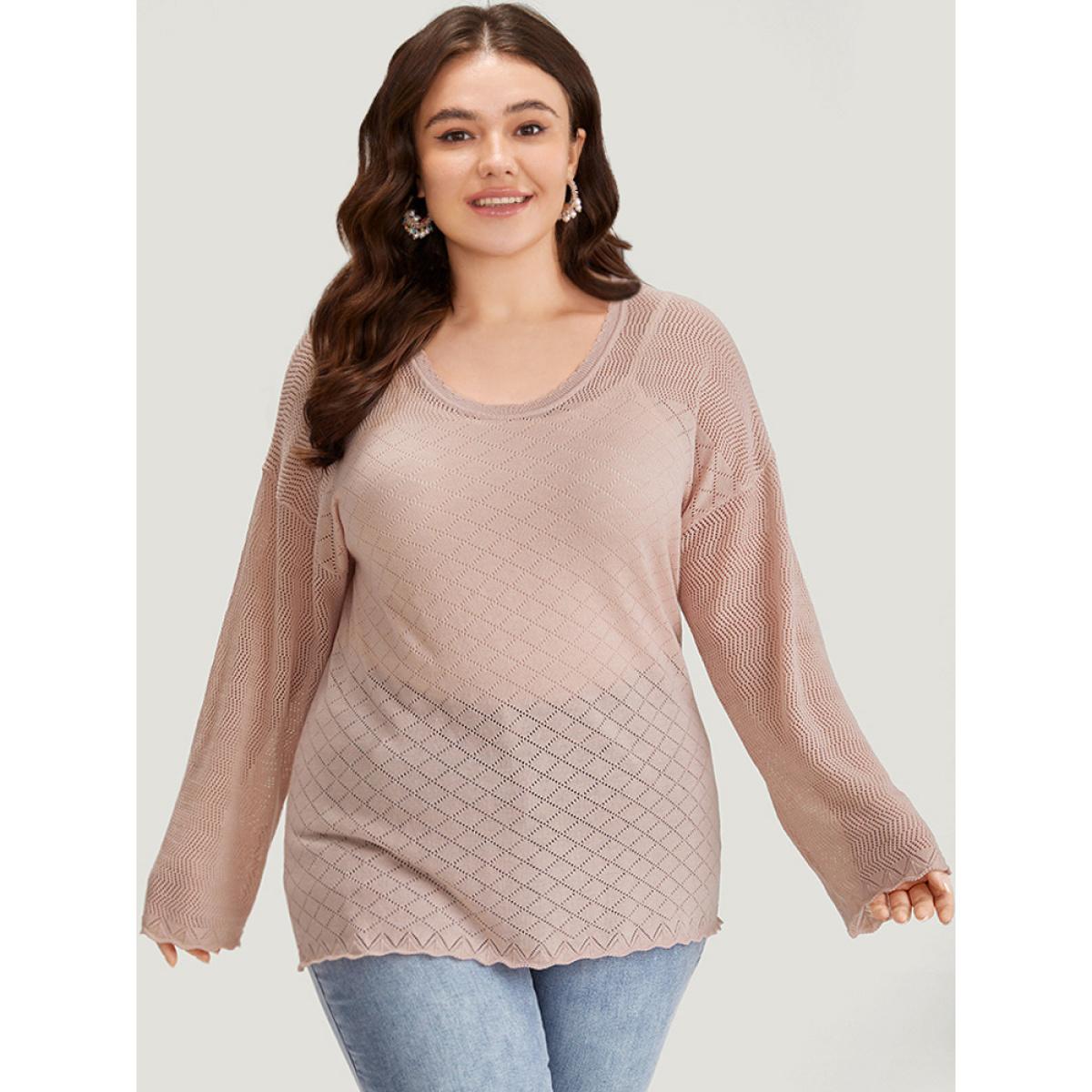 Plus Size Supersoft Essentials Geometric Curved Hem Patchwork Very Stretchy Pullover Pink Women Casual Loose Long Sleeve Round Neck Everyday Pullovers BloomChic 18-20/2X Product Image