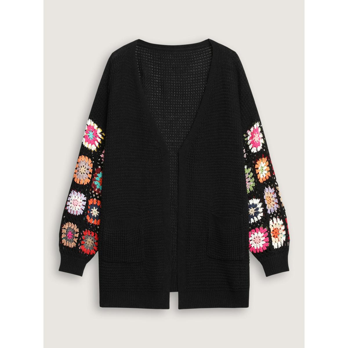 Plus Size Crochet Floral Drop Shoulder Cut Out Cardigan Black Women Playful Loose Long Sleeve Casual Cardigans BloomChic 28/5X Product Image