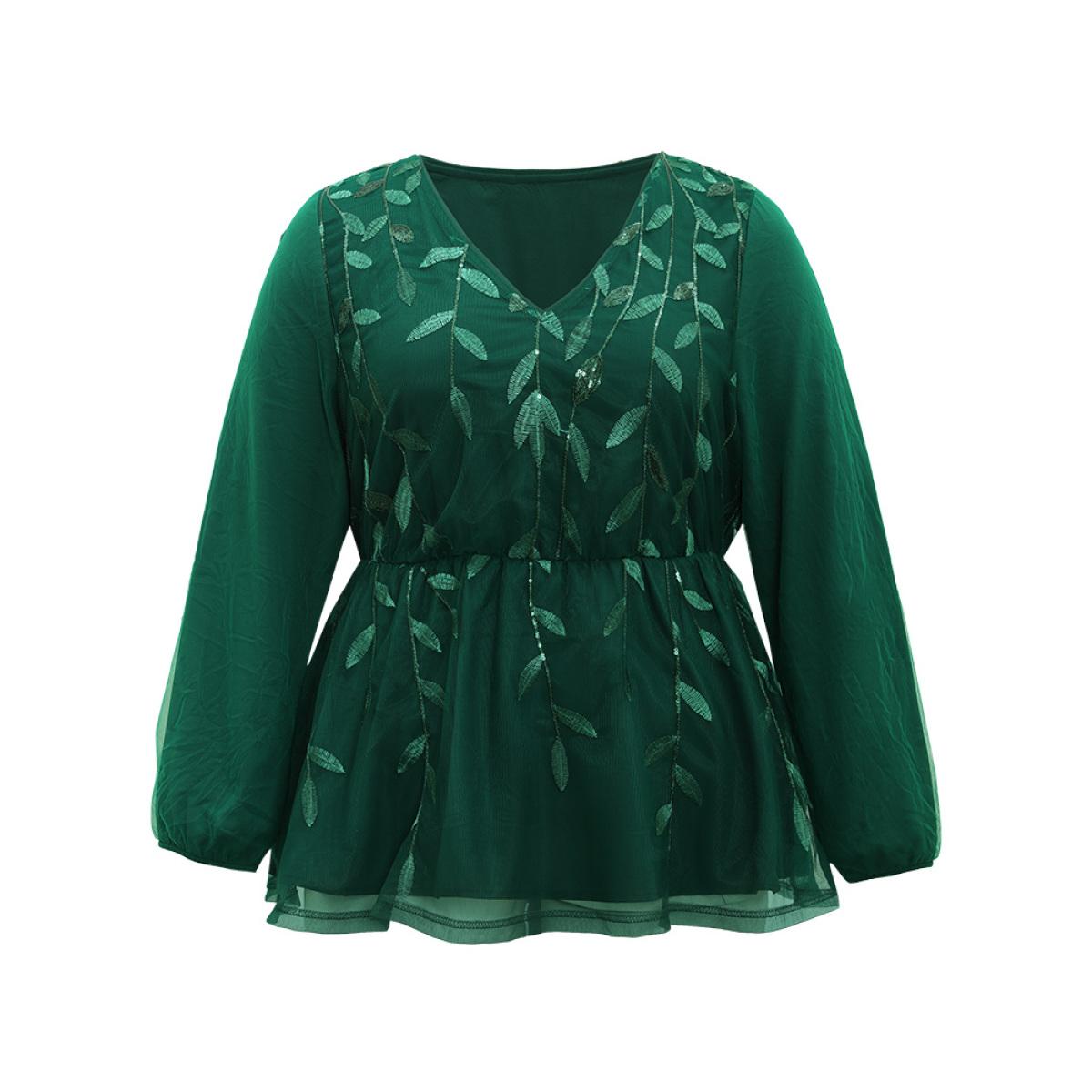 Plus Size Green Leaves Embroidered Sequin Tiered Mesh Blouse Women Glamour Long Sleeve V-neck Party Blouses BloomChic 28/5X Product Image