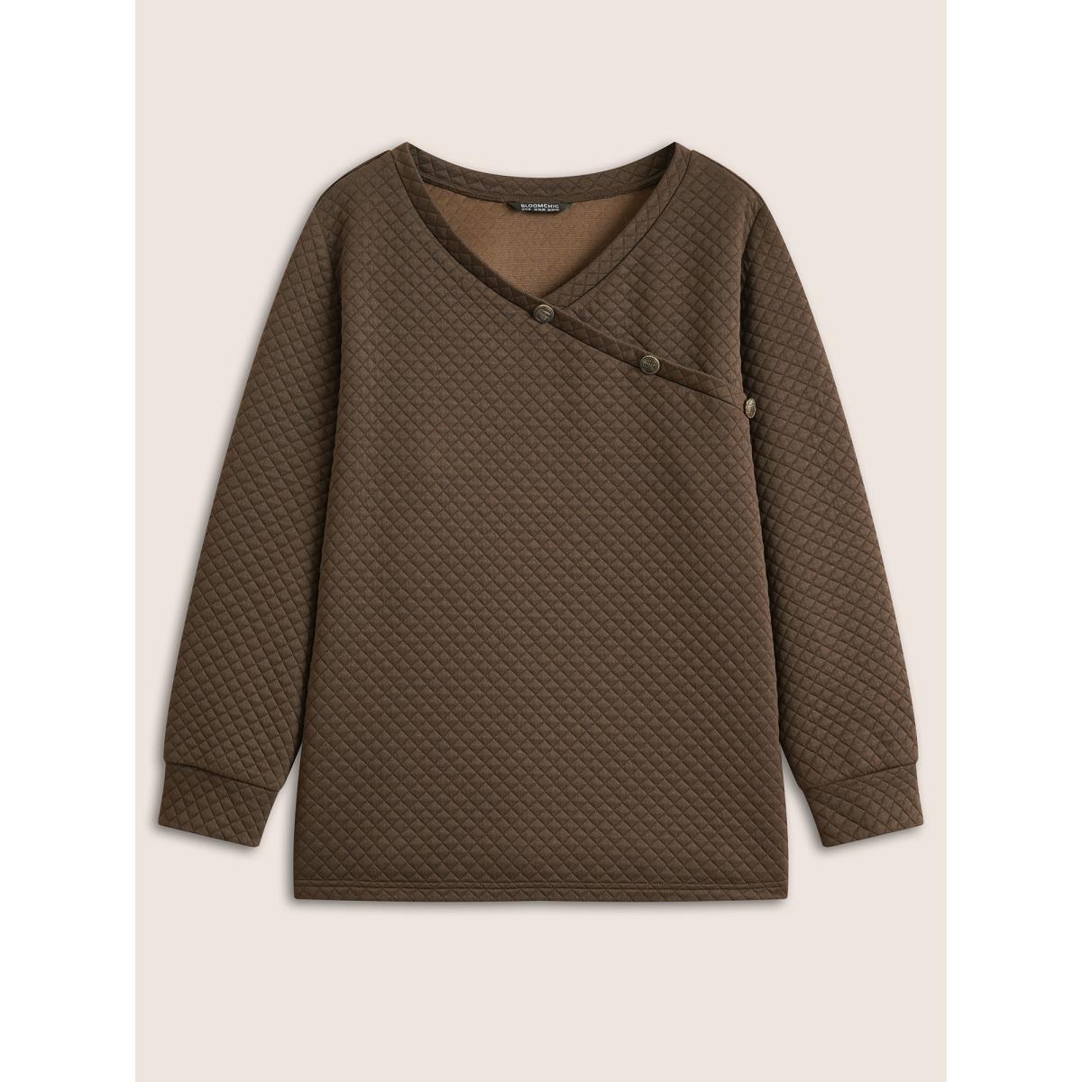 Plus Size Plain Argyle Quilted Button Detail Sweatshirt Women DarkBrown Casual Non V-neck Everyday Sweatshirts BloomChic 28/5X Product Image