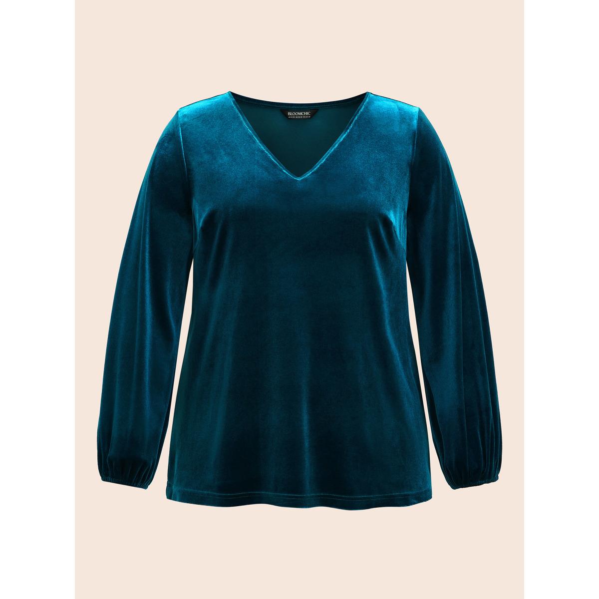 Plus Size Aegean V Neck Velvet Lantern Sleeve Blouse Women Elegant Long Sleeve V-neck Everyday Blouses BloomChic 14-16/1X Product Image
