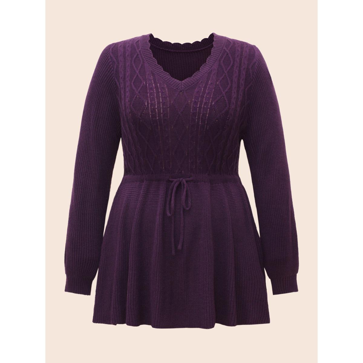 Plus Size V Neck Cable Knit Drawstring Pullover Eggplant Women Timeless Long Sleeve V-neck Elegant Pullovers BloomChic 12/L Product Image
