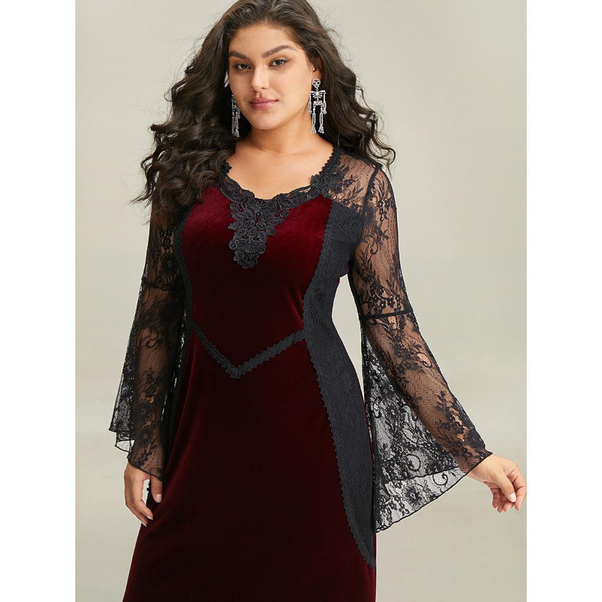 Plus Size Halloween Eyelet Lace Mesh Bell Sleeve Dress Scarlet Women Elegant See through Round Neck Long Sleeve Curvy Midi Dress BloomChic 28/5X Product Image