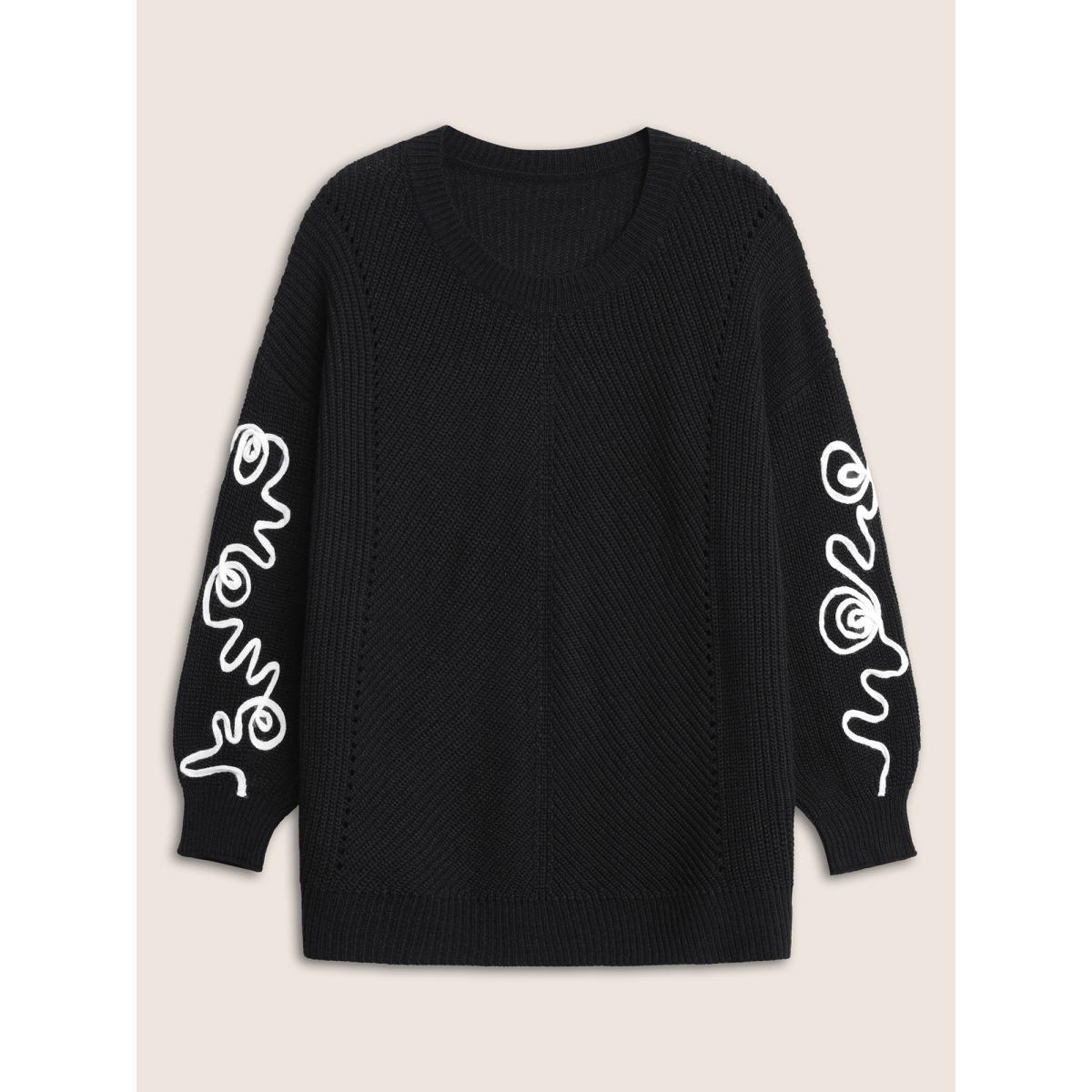 Plus Size Contrast Embroidered Crew Neck Pointelle Pullover Black Women Casual Long Sleeve Round Neck Everyday Pullovers BloomChic 30/6X Product Image
