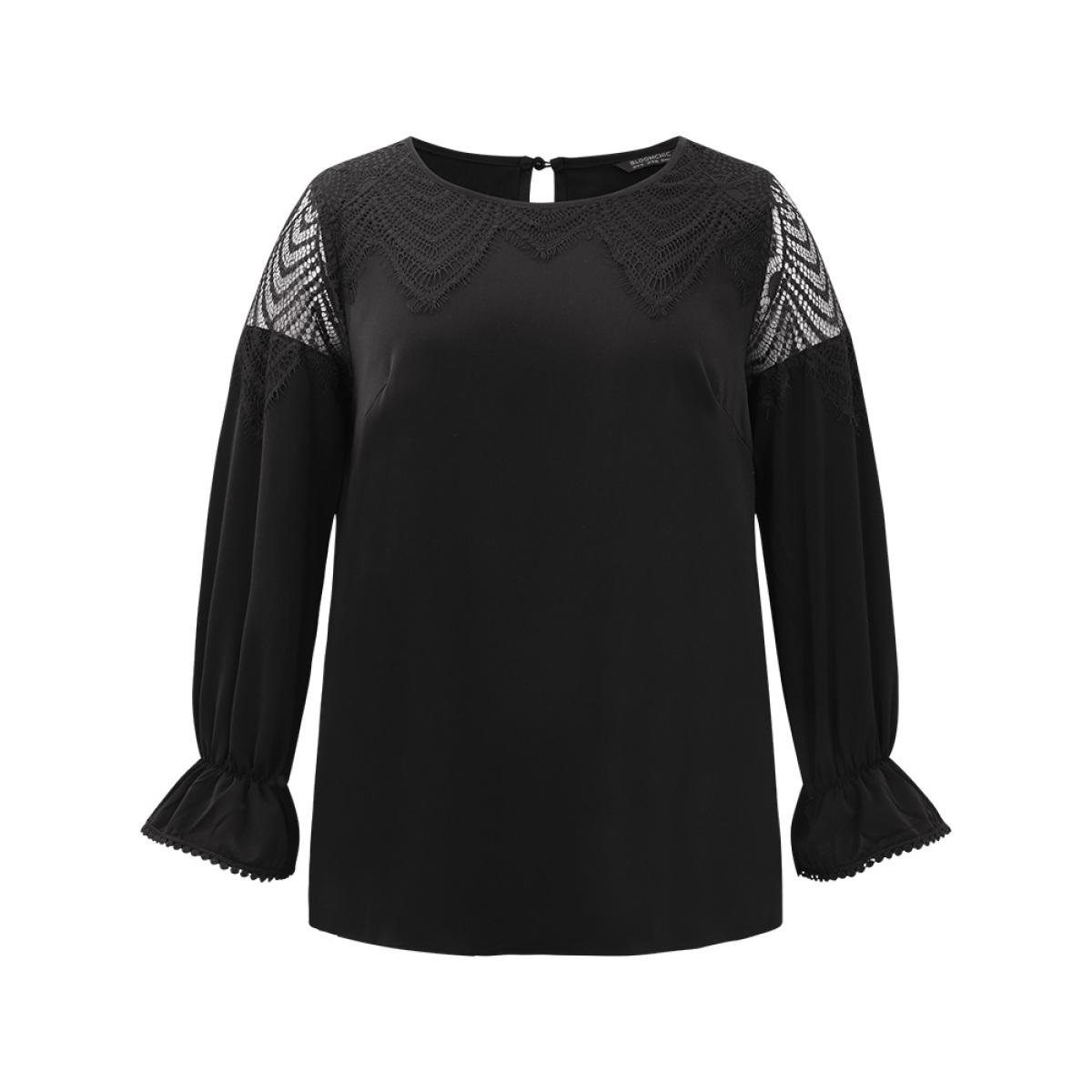 Plus Size Black Anti-Wrinkle Solid Lace Panel Lantern Sleeve Blouse Women Elegant Long Sleeve Round Neck Dailywear Blouses BloomChic 26/4X Product Image