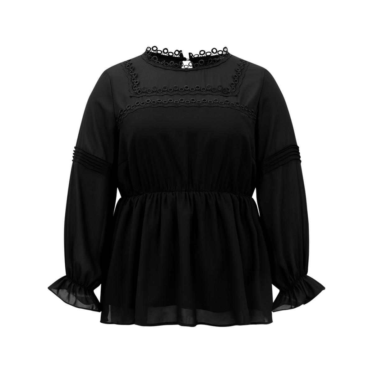 Plus Size Black Plain Ruffles Elastic Waist Lace Patchwork Blouse Women Office Long Sleeve Stand-up collar Office Blouses BloomChic 10/M Product Image