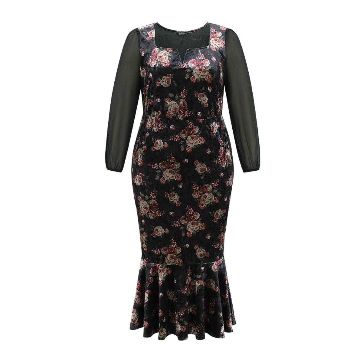 Plus Size Velvet Floral Notched Ruffles Mermaid Hem Dress Black Women Cocktail Velvet Notched collar Long Sleeve Curvy Midi Dress BloomChic 22-24/3X Product Image